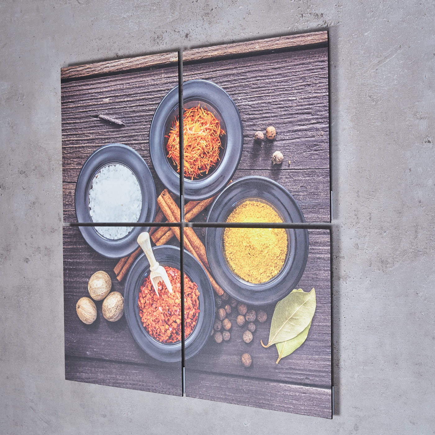 4er Set Wandbild 60x60cm Aluminium Dibond Gewürze Schüsseln Küche Deko Wanddeko