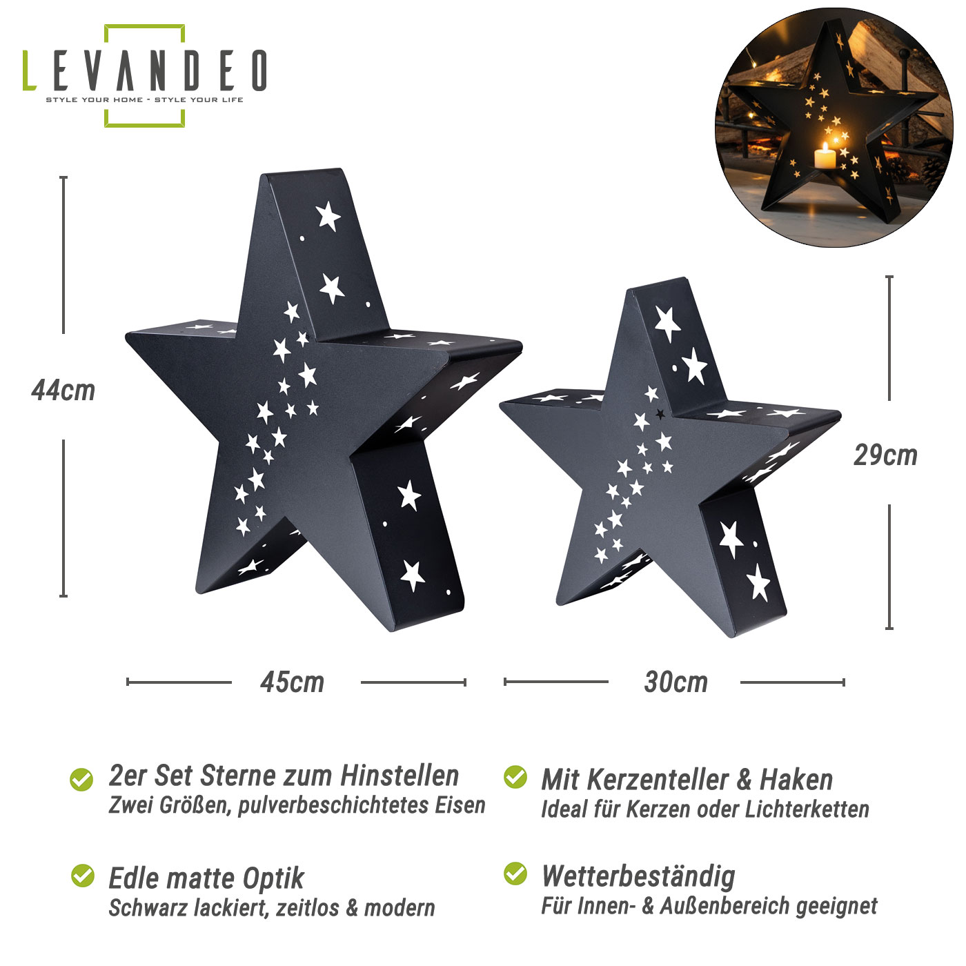 2er Set Kerzenhalter Laterne Stern 30-45cm Metall Schwarz Weihnachtsdeko Aufsteller