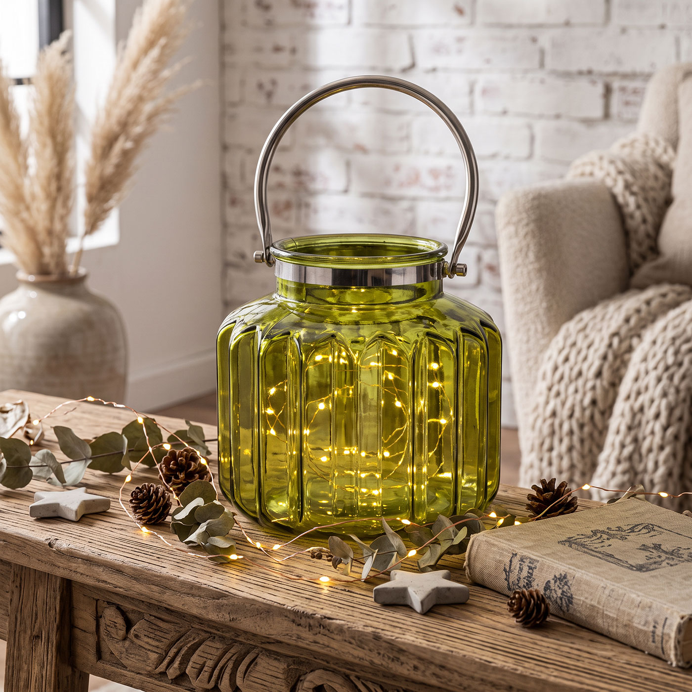 XXL Windlicht Grün Glas Laterne Kerzenhalter Rillen Herbstdeko Tischdeko