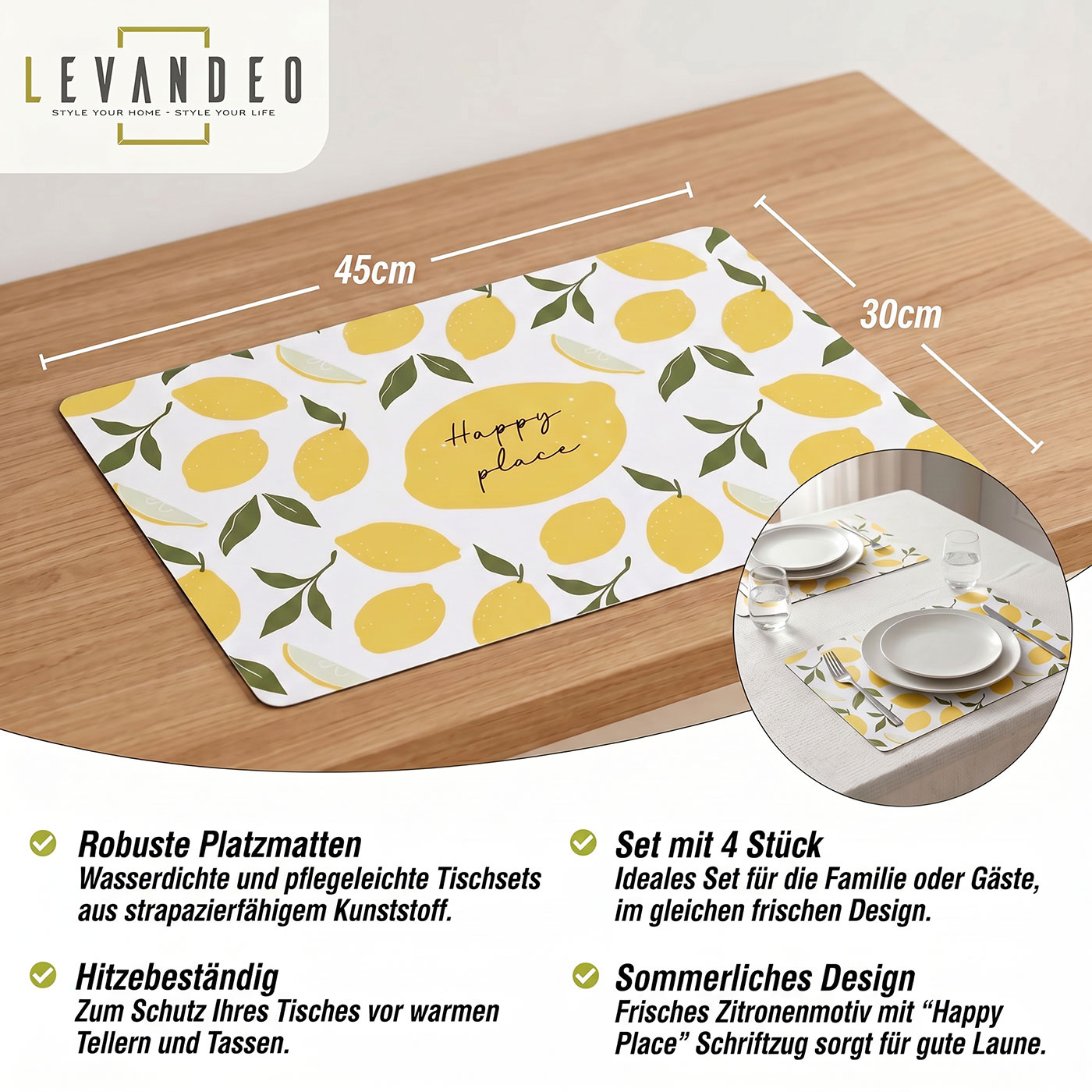 4er Set Platzsets Zitrone 45x30cm Happy Place Sommer Platzdecke Tischsets Küche