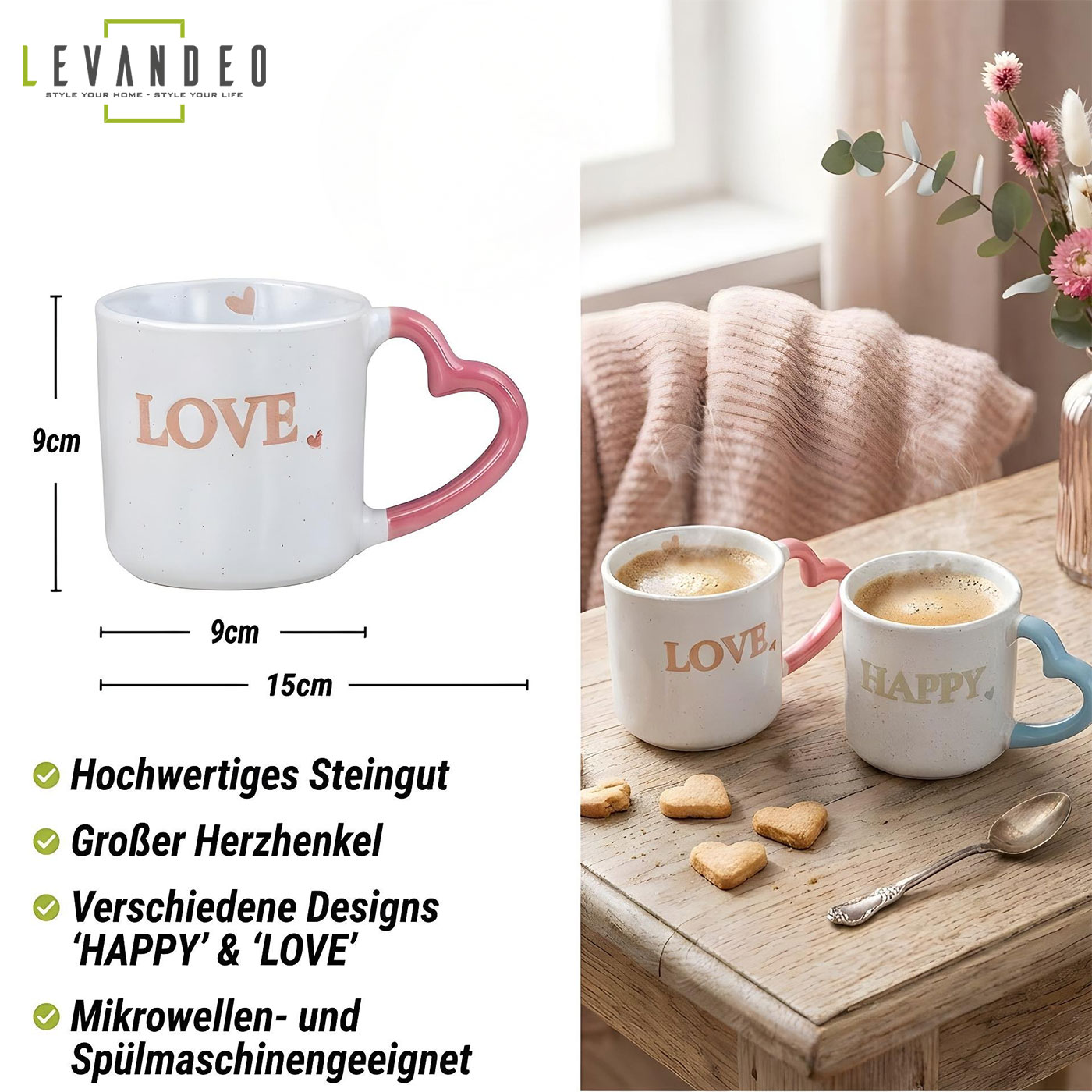 2er Set Tassen Steingut 350ml Herz Happy Love Kaffeebecher Kaffeetasse Geschenk