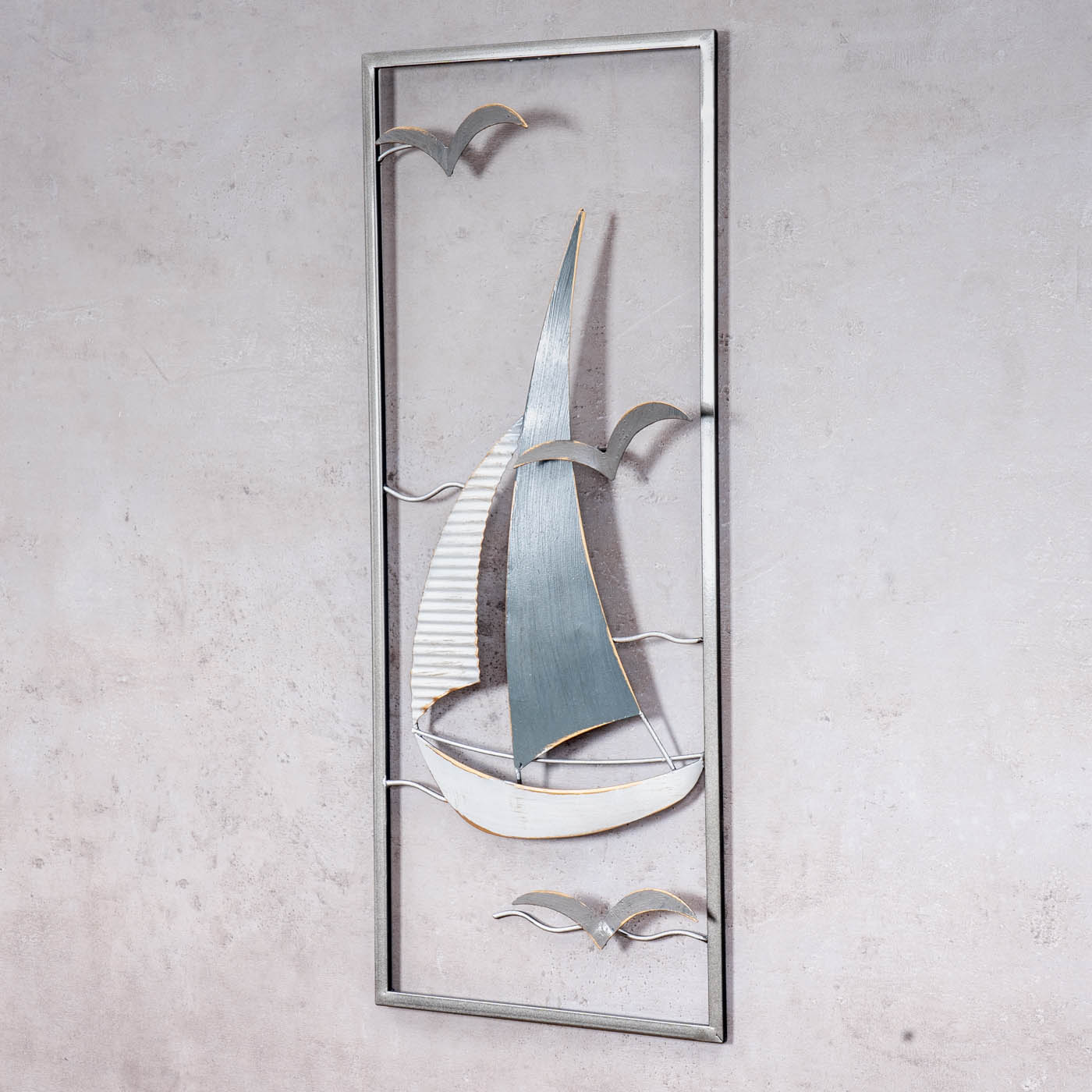 Metallbild 30x60cm Segelboot Wandbild Blau Grau Weiß Maritim Wanddeko Metalldeko