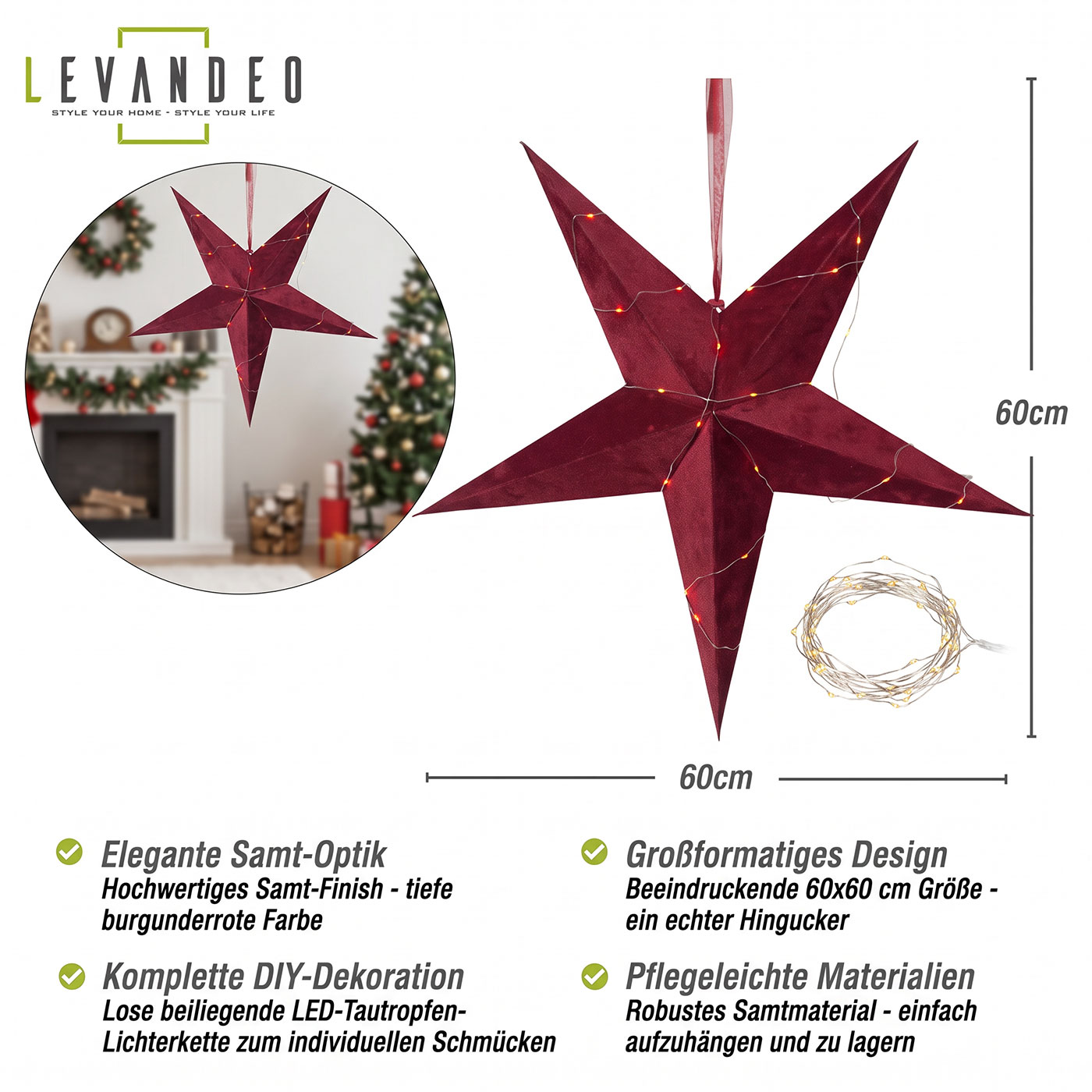 Leuchtstern Rot 5 Zacken Samt Weihnachtsstern Deko Stern Lampe Lichterkette