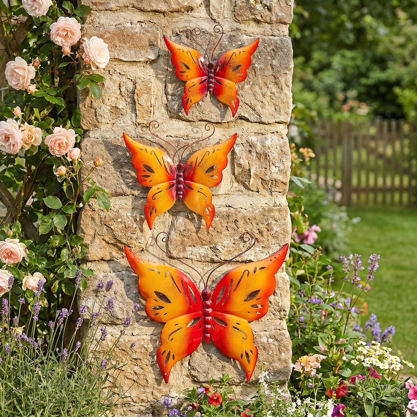 3er Set Schmetterling Metall Wanddeko Rot Orange B20-33cm Gartendeko Wandkunst