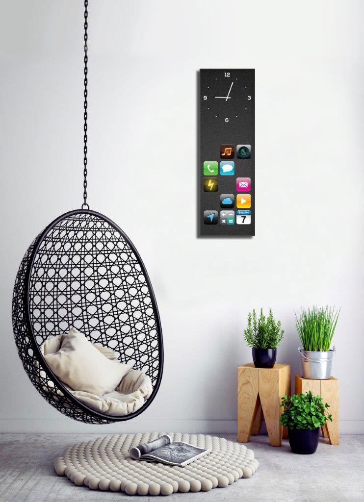 Wanduhr aus Glas 20x60cm Uhr als Glasbild Apps Smartphone Design Deko