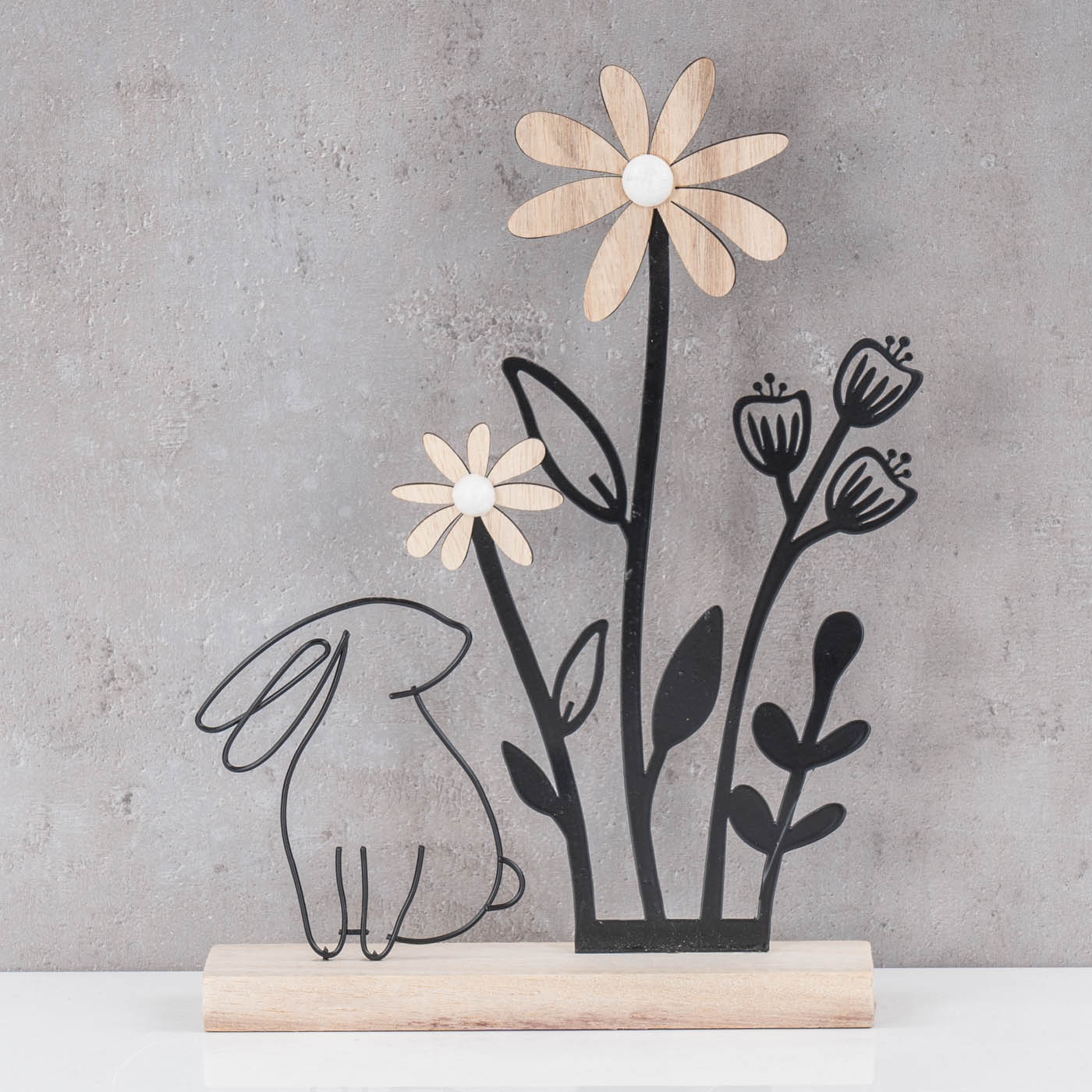 Deko Aufsteller Ostern L19cm Metall Holz Osterhase Blume Natur Schwarz Tischdeko