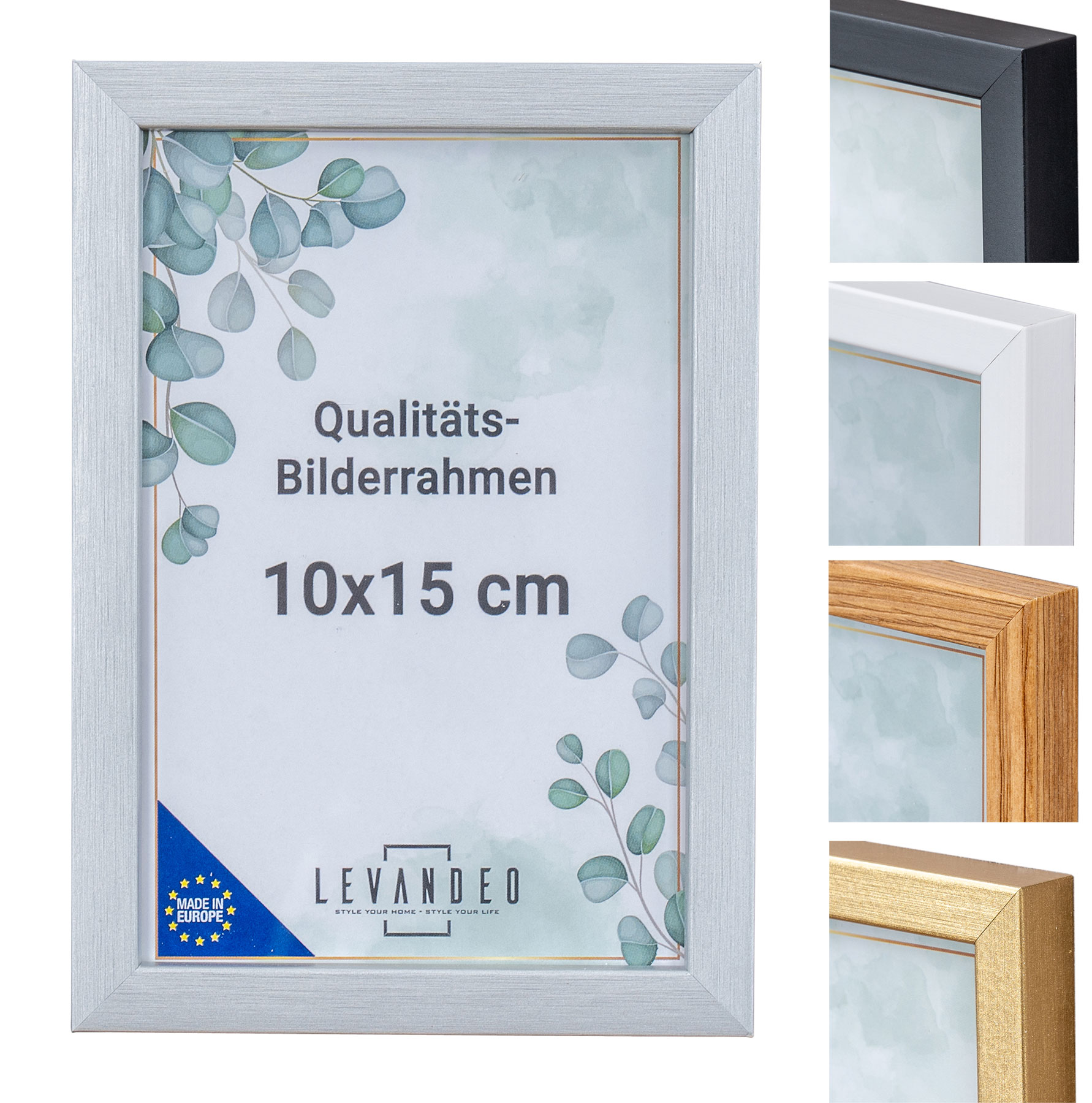 Bilderrahmen Echtholz Made in EU 10x15 Silber Glasscheibe Fotorahmen Kiefernholz