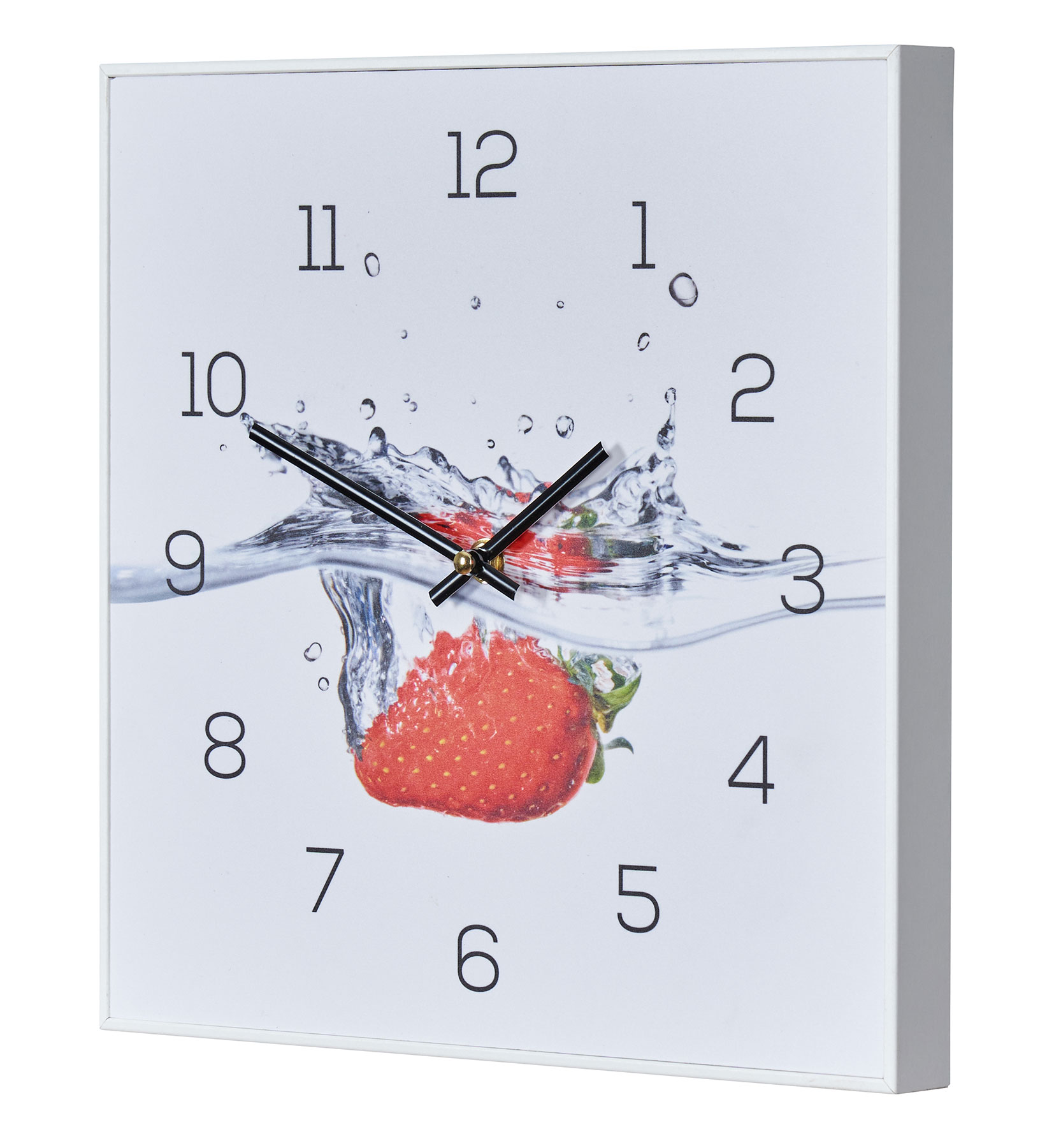 Wanduhr 30x30cm Uhr PVC Rahmen Weiß  Erdbeere Rot Wasser Frucht Fruit Küchenuhr