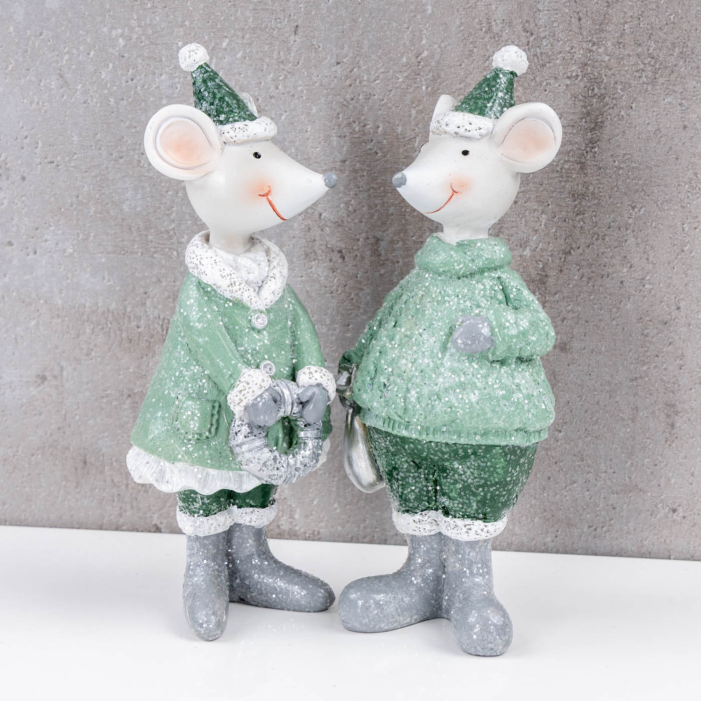 2er Set Maus Figuren Weihnachten Kunstharz Grün Weiß Weihnachtsdeko Tisch-Deko