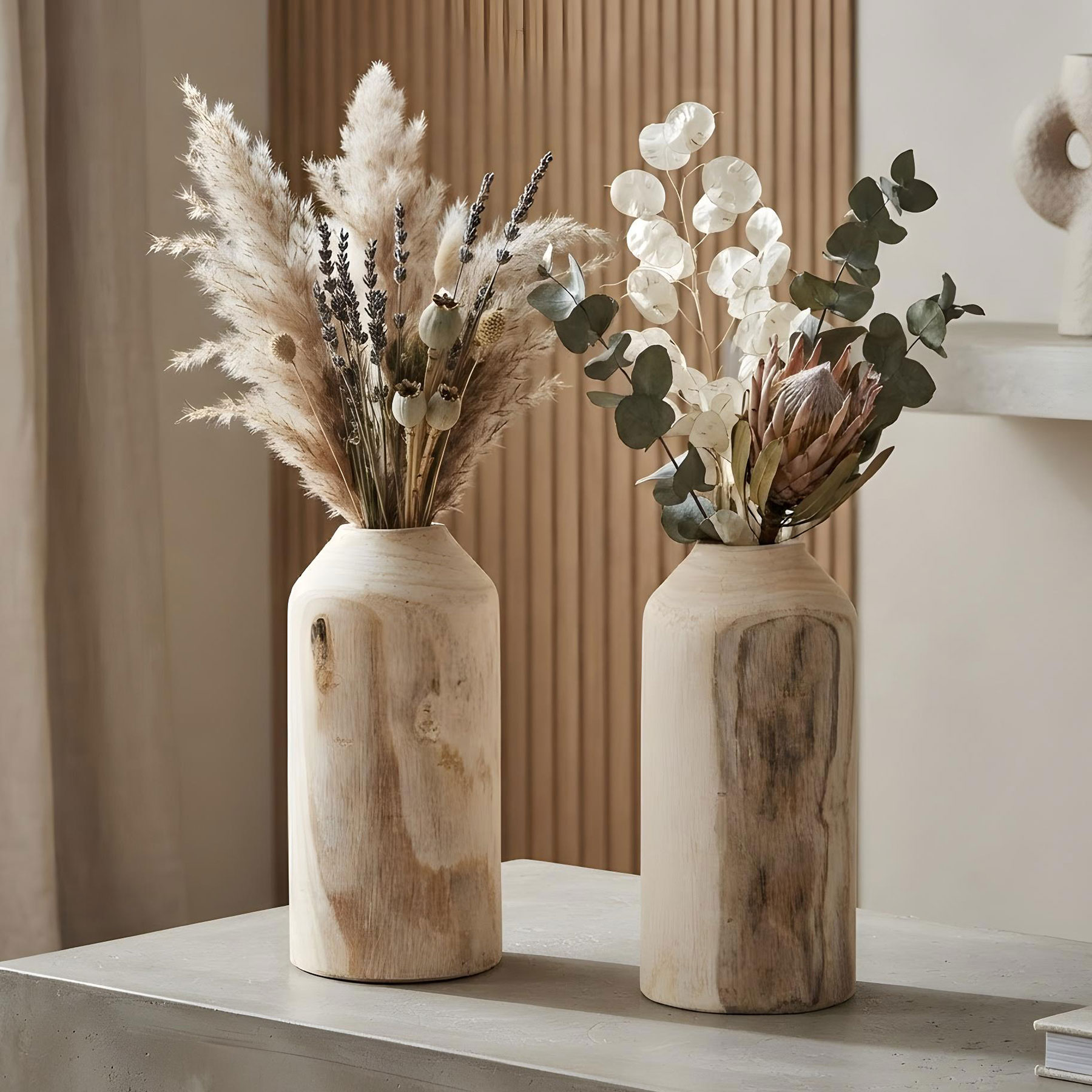 2er Set Vase aus Holz für Trockenblumen H25cm Natur Holzvase Tischdeko Tischvase