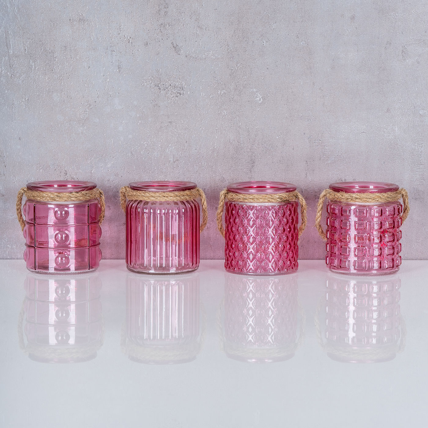 4er Set Windlicht H10cm Glas Pink Rosa Teelichthalter Tischdeko Kerzen Retro