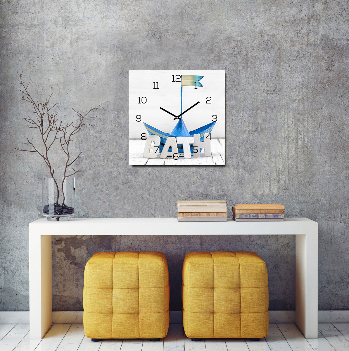 levandeo Wanduhr Glas 30x30cm Glasuhr Uhr Glasbild Bath Bad Maritim Blau Boot