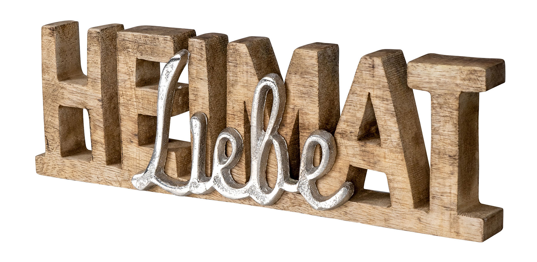 Deko-Aufsteller L30cm Heimat-Liebe Holz Mango Natur Silber Schriftzug Tischdeko