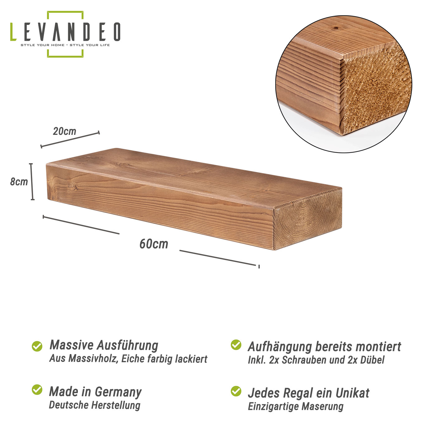 levandeo Wandregal Holz Massiv 60x20cm Eiche Farbig Wandboard Regal Vintage