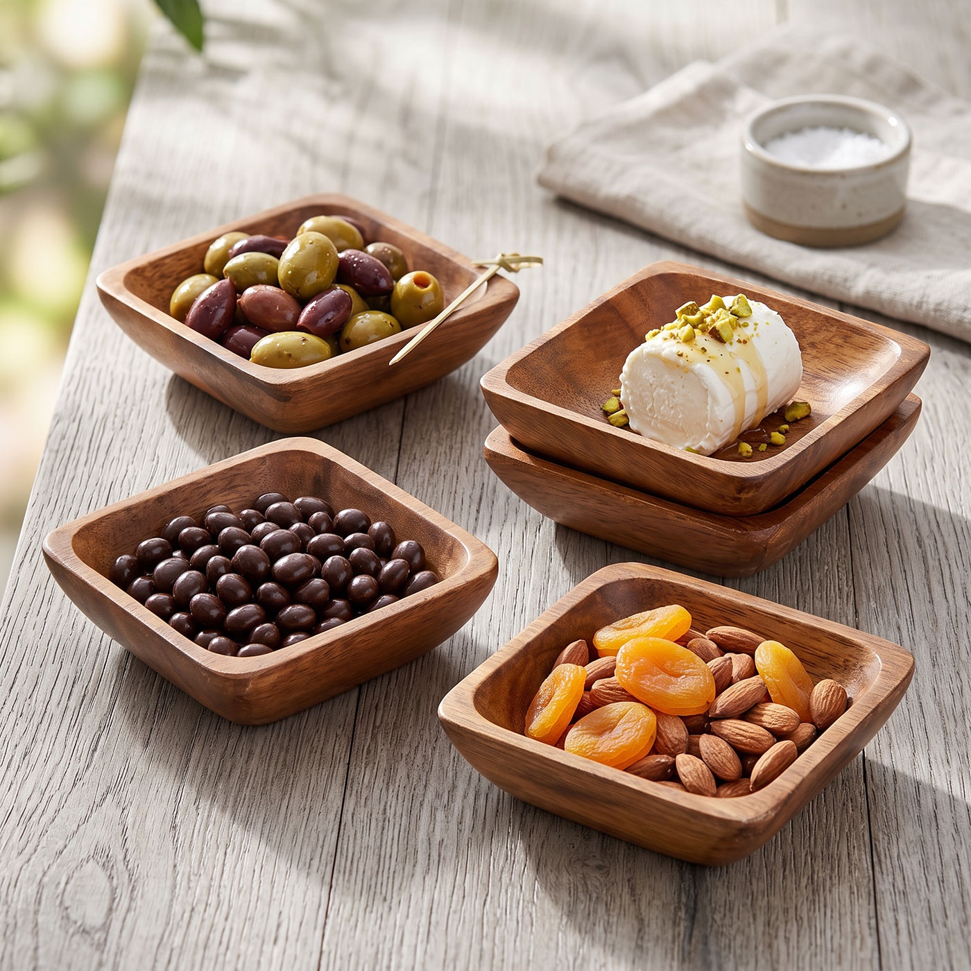 4er Set Snackschalen Akazienholz 10x10cm Holzschale Dipschale Quadratischer Teller