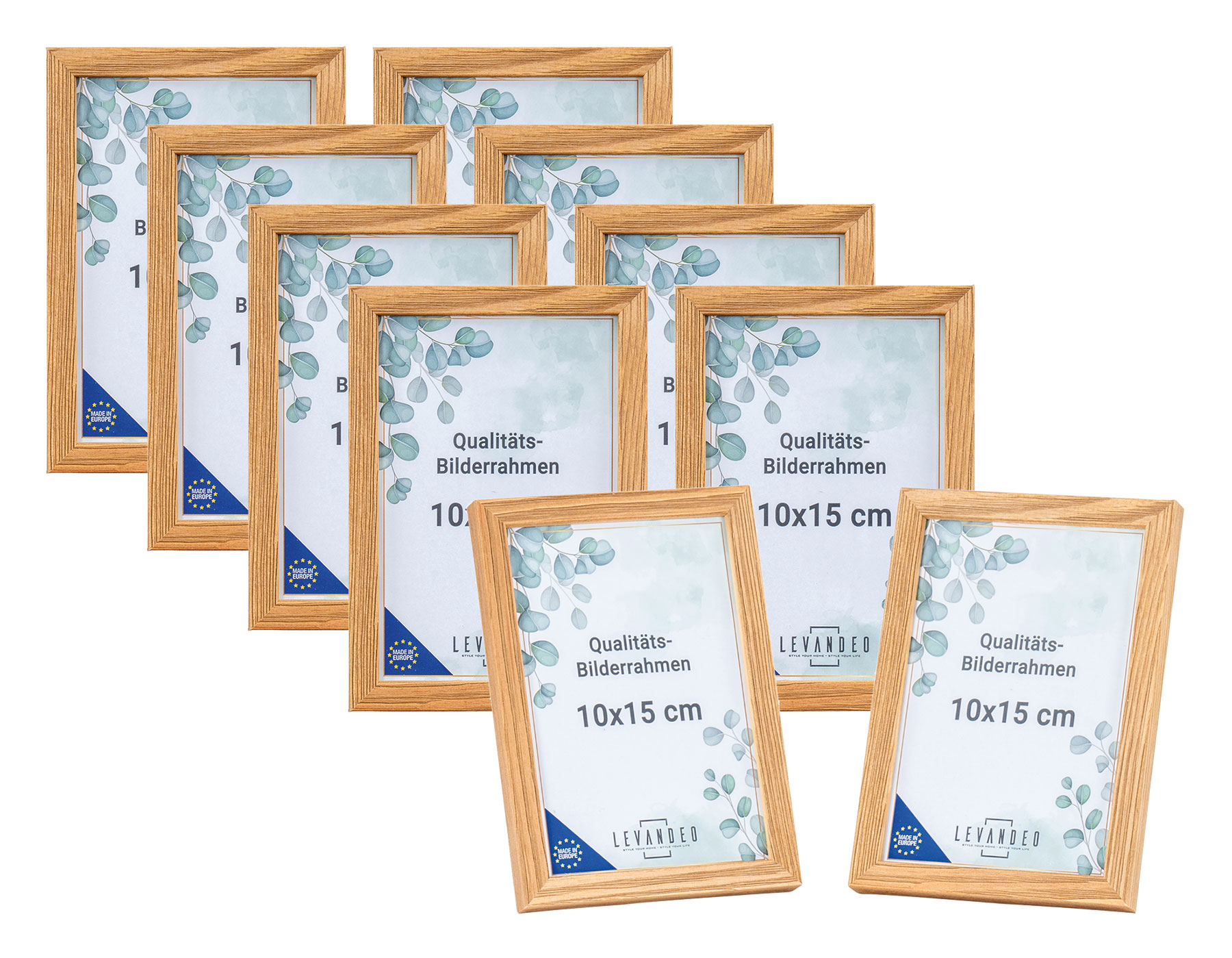 10er Set Bilderrahmen Echtholz Made in EU 10x15 Natur Glasscheibe Fotorahmen