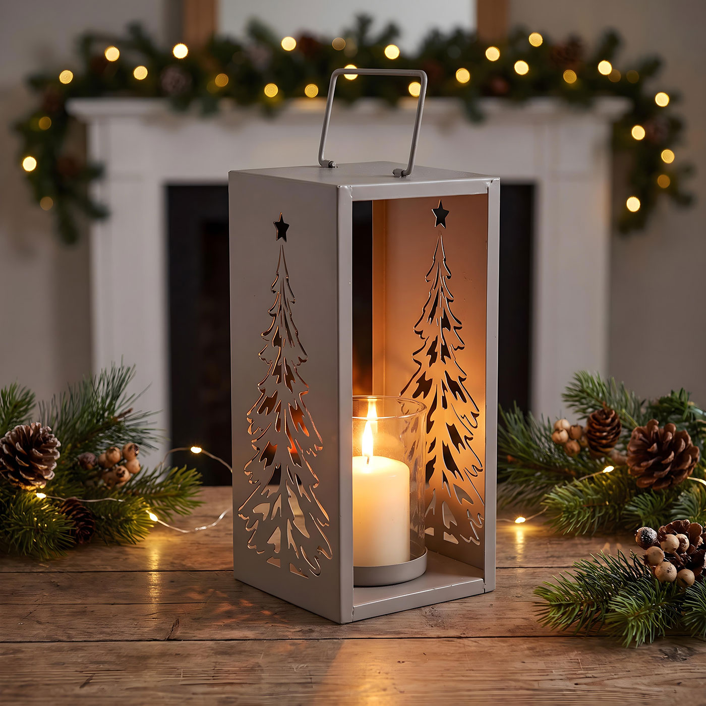 Metall Windlicht Grau H30cm Laterne Kerzenglas Weihnachten Weihnachtsdeko Baum