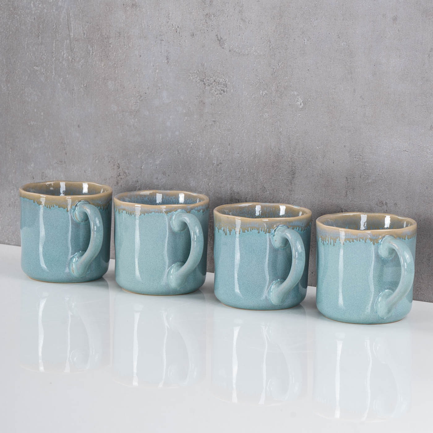 4er Set Steingut Becher 350ml Tasse Grün Kaffeepott Tasse Modern Design Küche