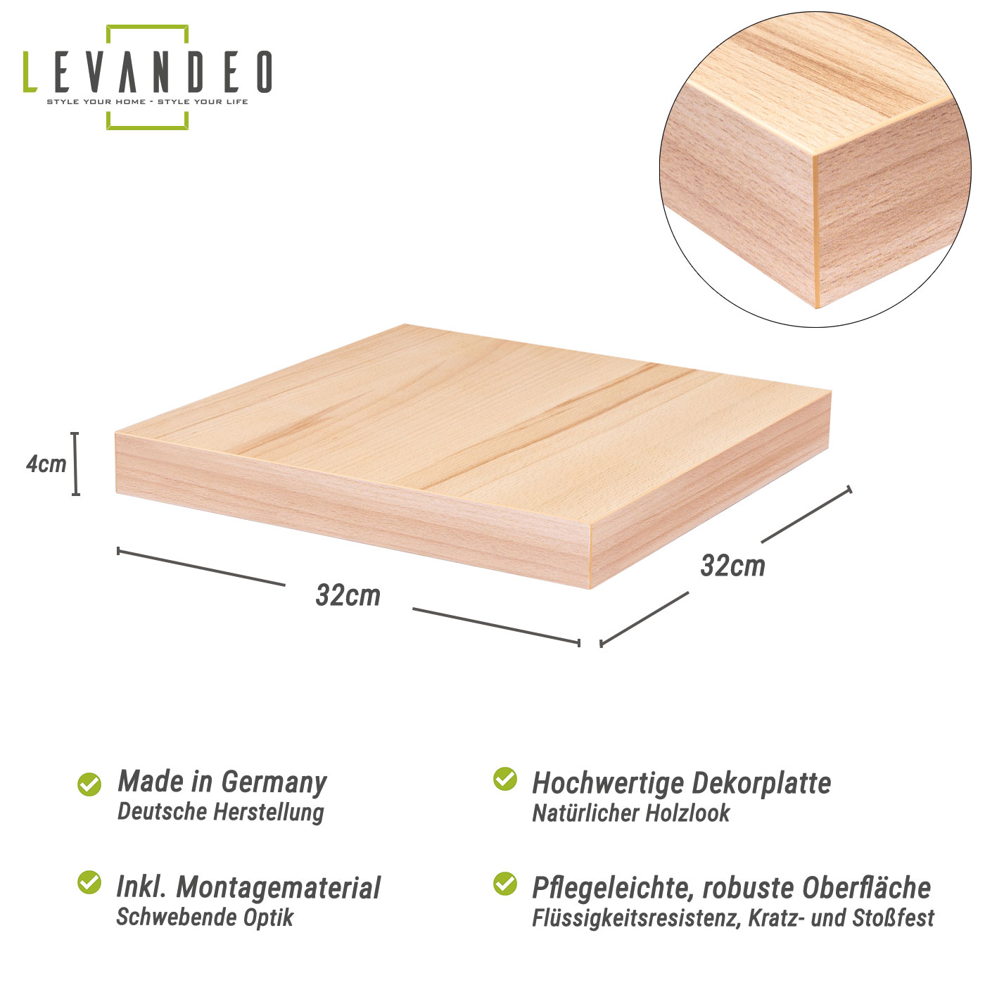 levandeo Eckregal Kernbuche 32x32cm Wandregal Holz Dekor Regal Eckboard