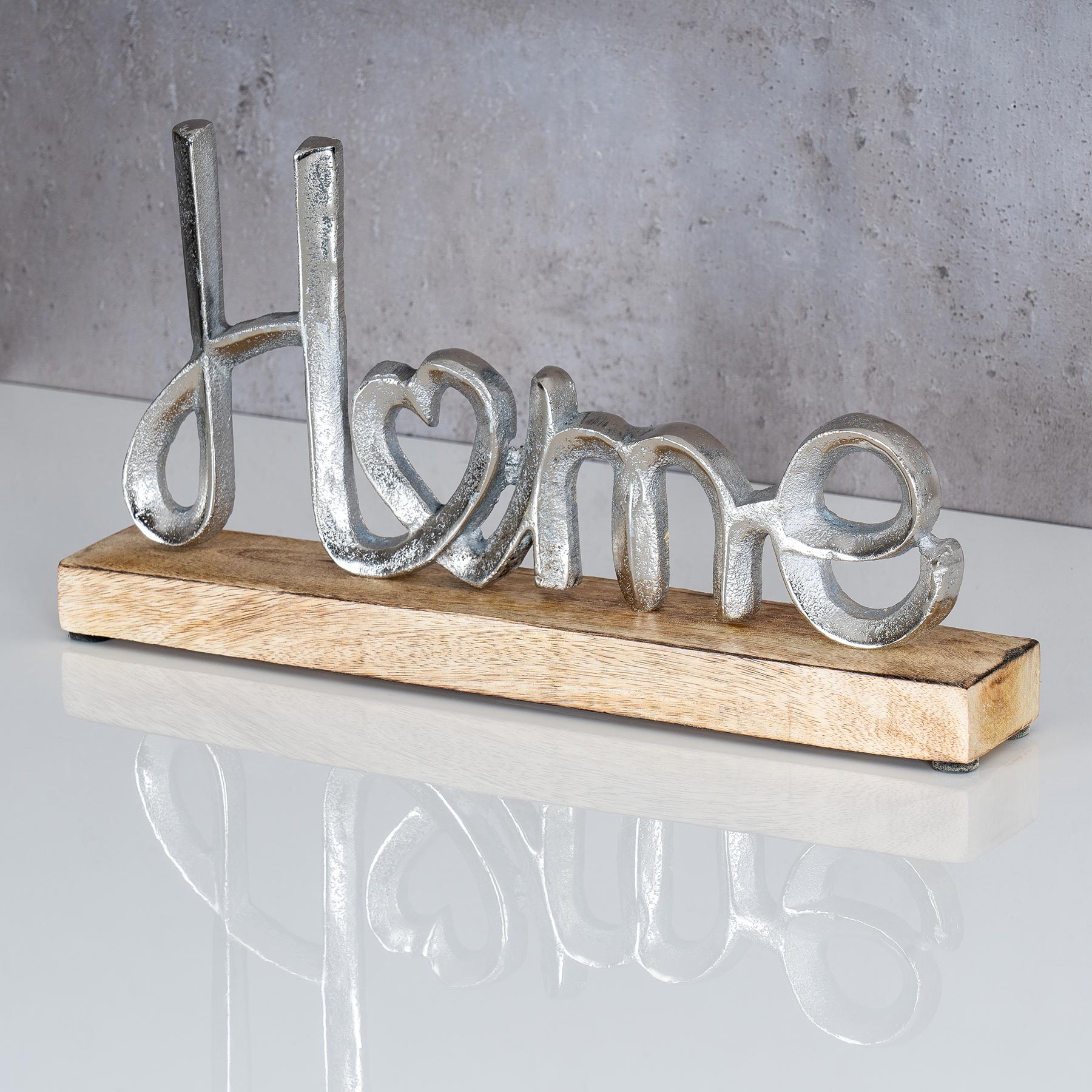 Aufsteller Mango Schriftzug Home H11cm Metall Holz Deko Mangoholz Tischdeko