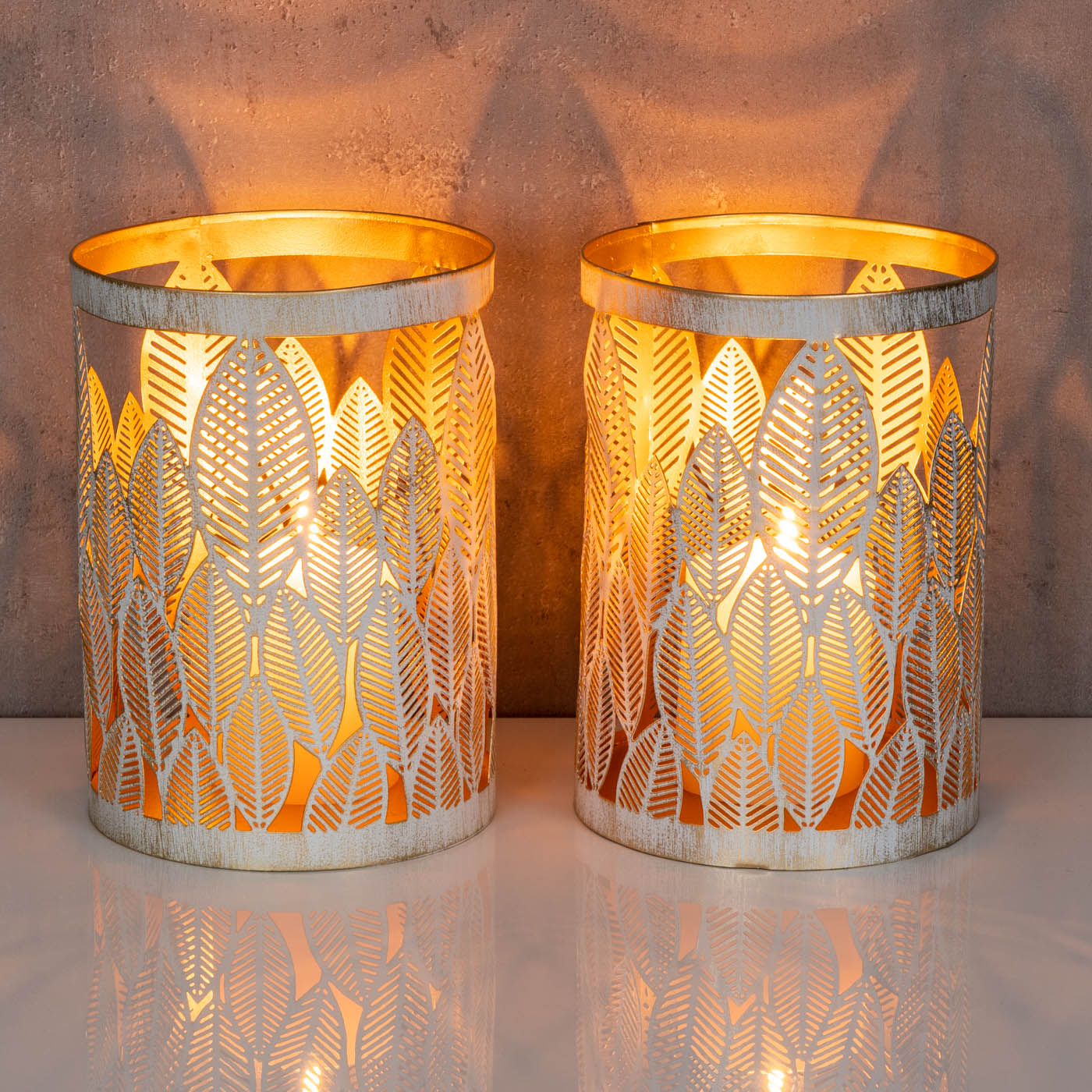 2er Set Windlicht 13x18cm Weiß Gold Metall Teelichthalter Blattdekor Tischdeko