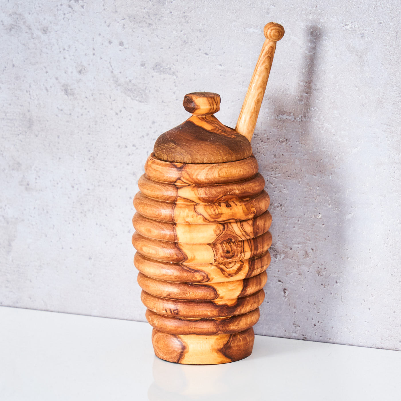 Honigtopf ca. H14cm Olivenholz inkl. Honigstab Deckel Honigdose Honey Jar Unikat Küche