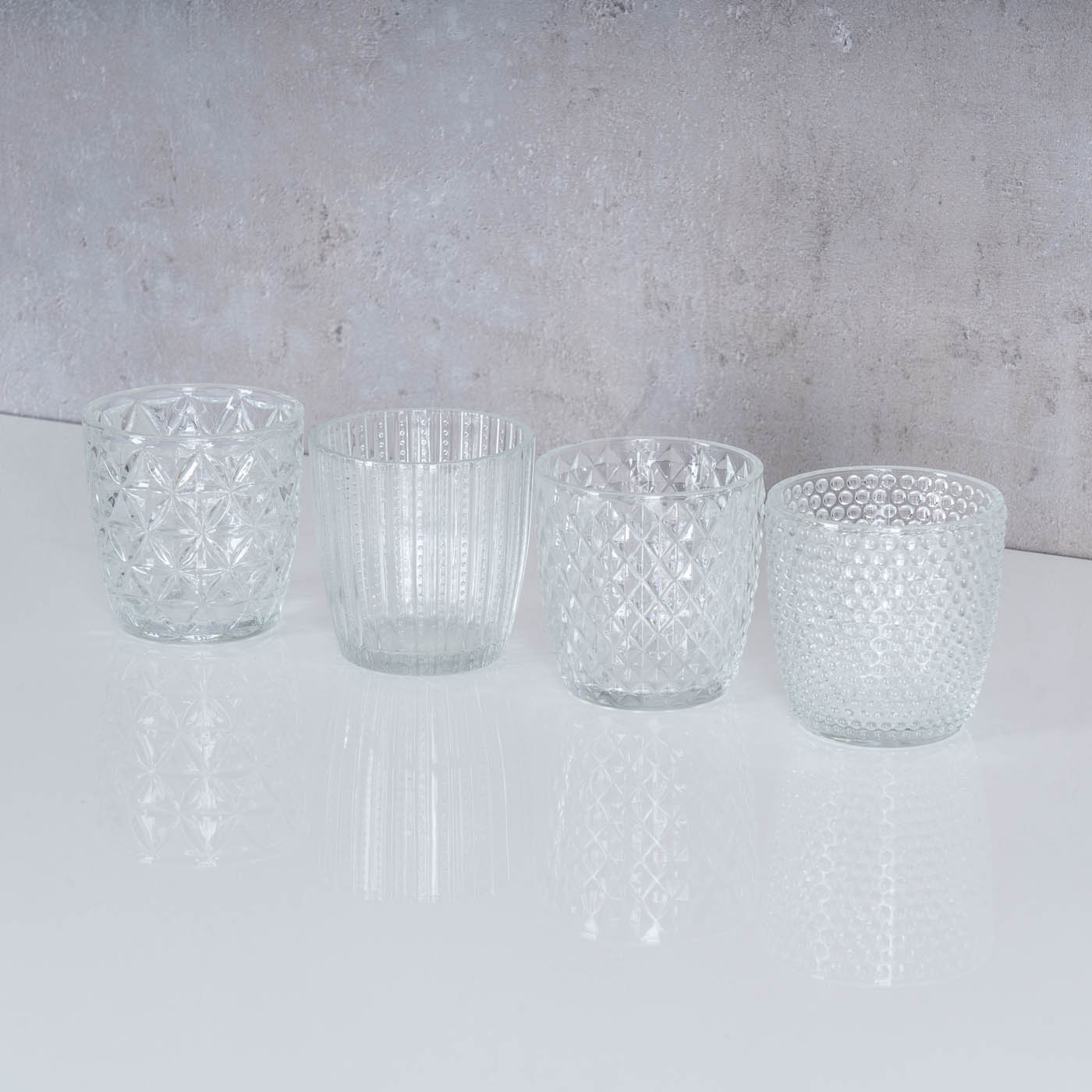 4er Set Windlicht H7,5cm Glas Klar Teelichthalter Tischdeko Kerzen Retro Deko