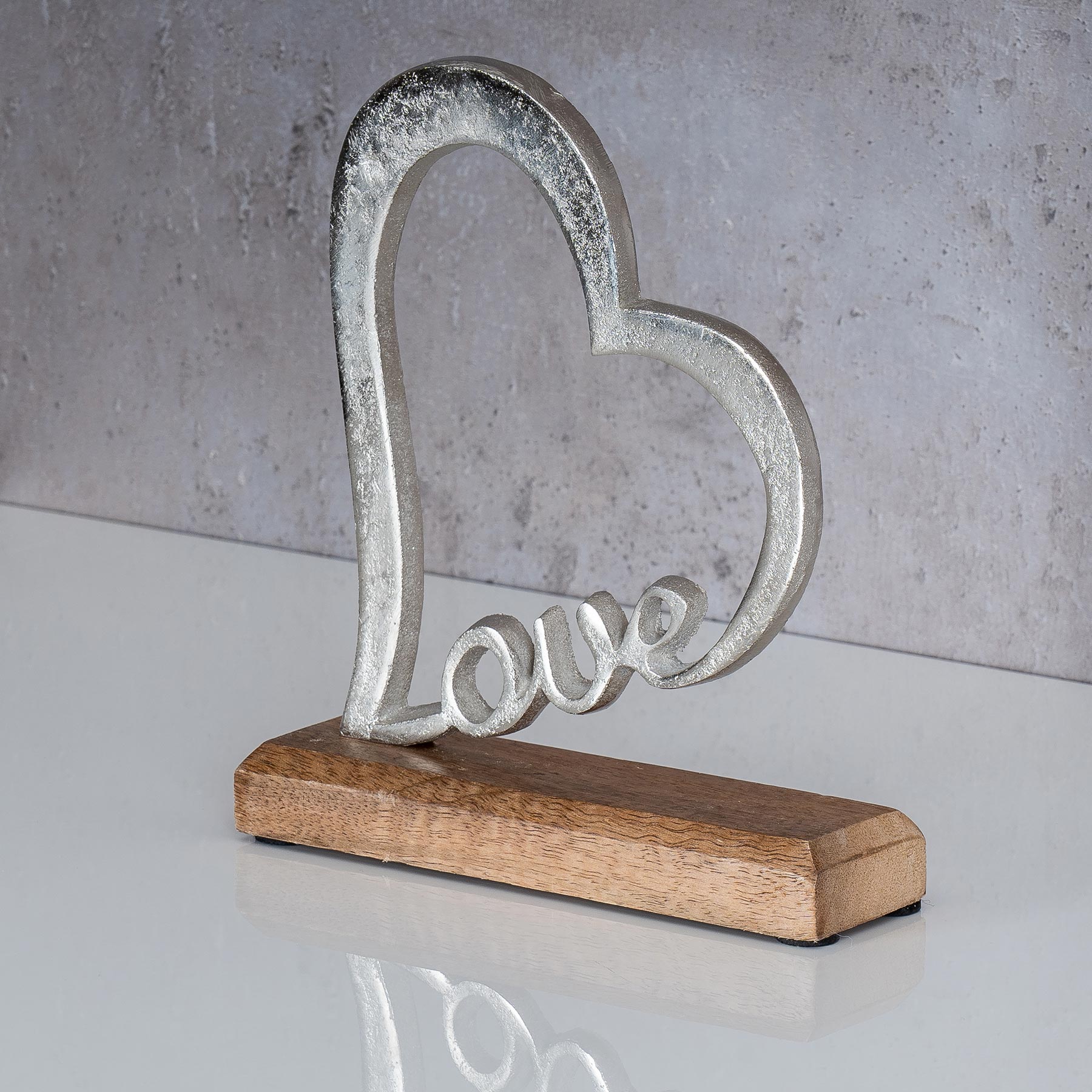 Aufsteller Herz Schriftzug Love H20cm Metall Silber Mango Holz Tischdeko Deko