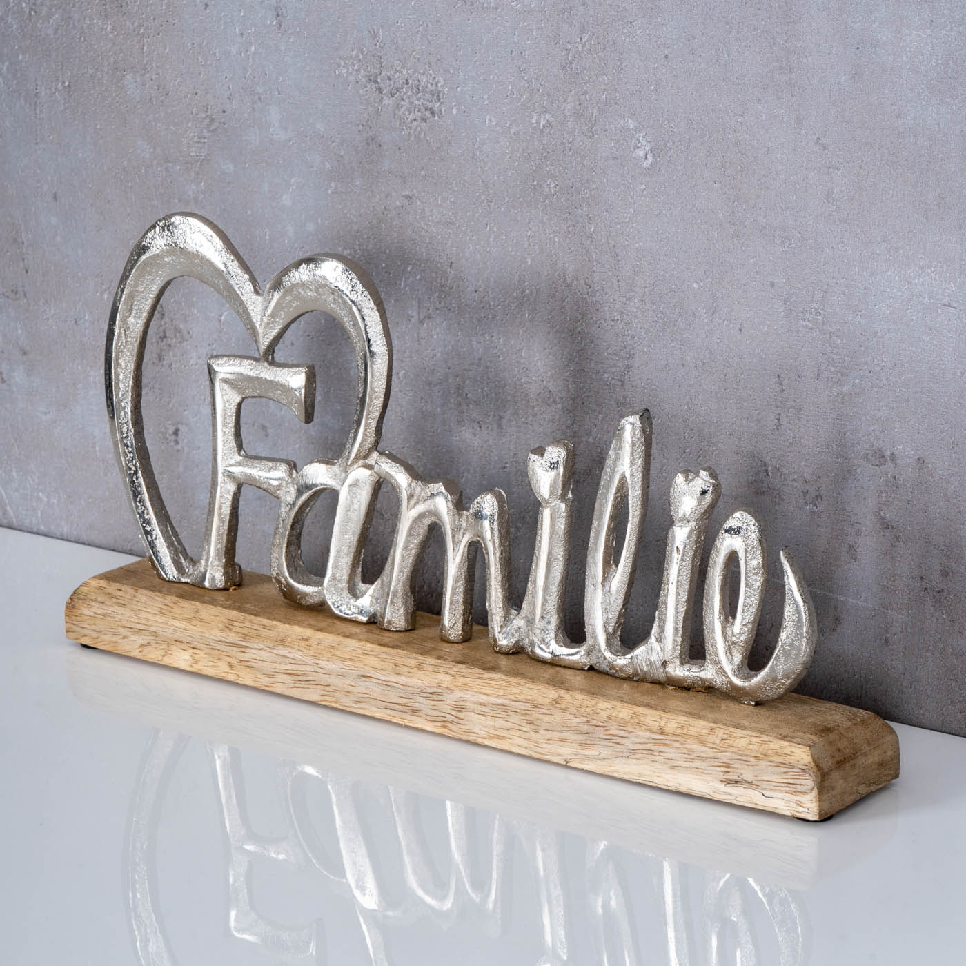 Familie Schriftzug Silber L30cm Metall Mango Holz Aufsteller Buchstaben Deko