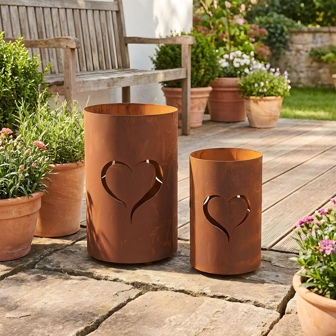 2er Set Windlichter Herz H32/24cm Metall Rostoptik Laternen Outdoor Gartendeko