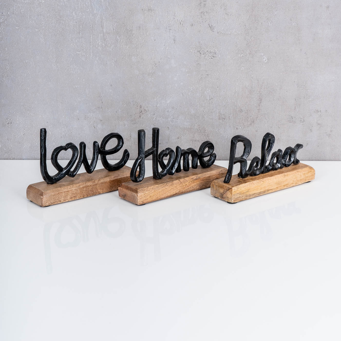 3er Set Schriftzug Love Home Relax Schwarz Mango Holz Metall Aufsteller Deko