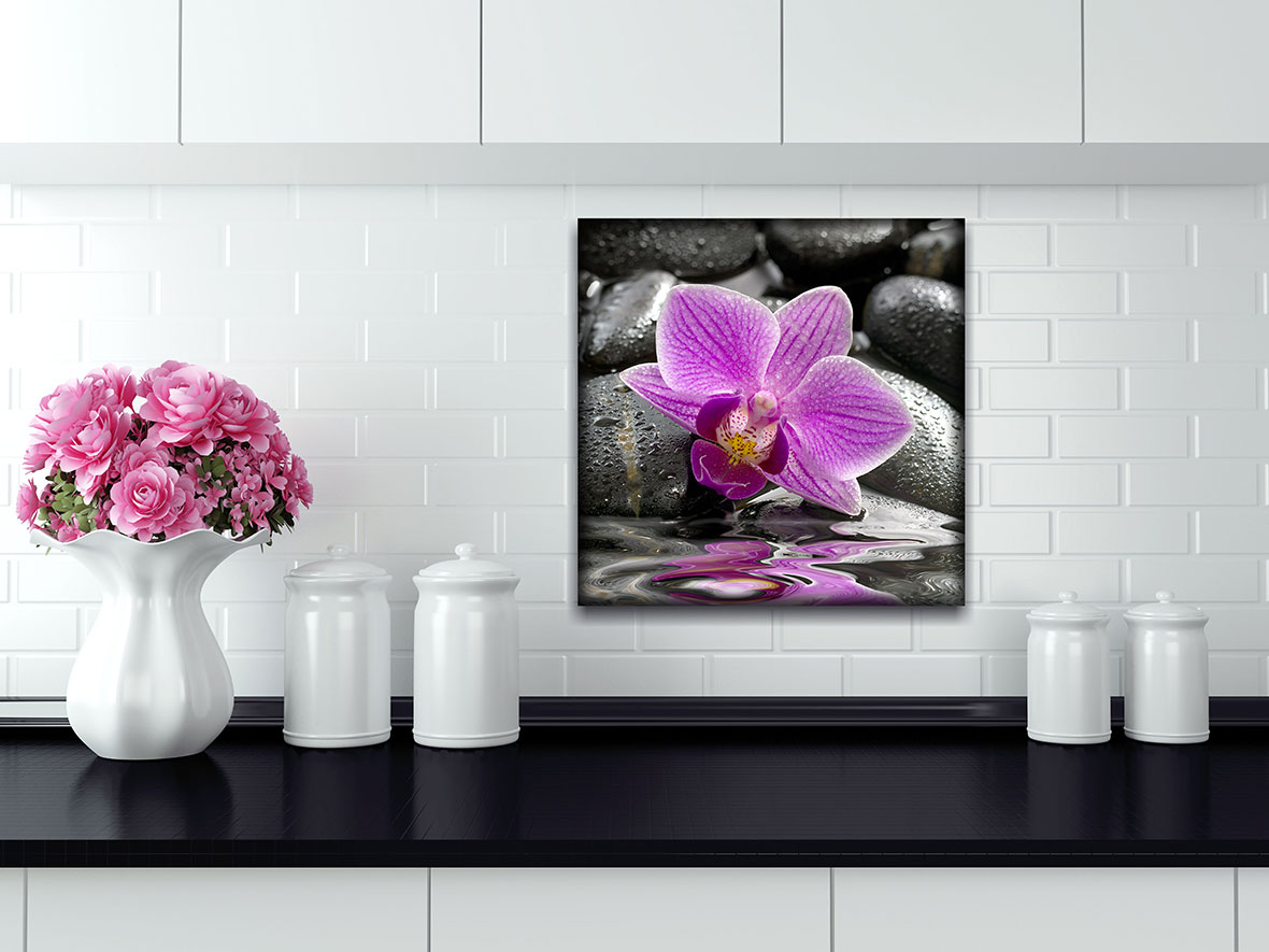 Glasbild 4er Set je 30x30cm Wandbild Glas lila Orchideen Blume Wanddeko Wellness