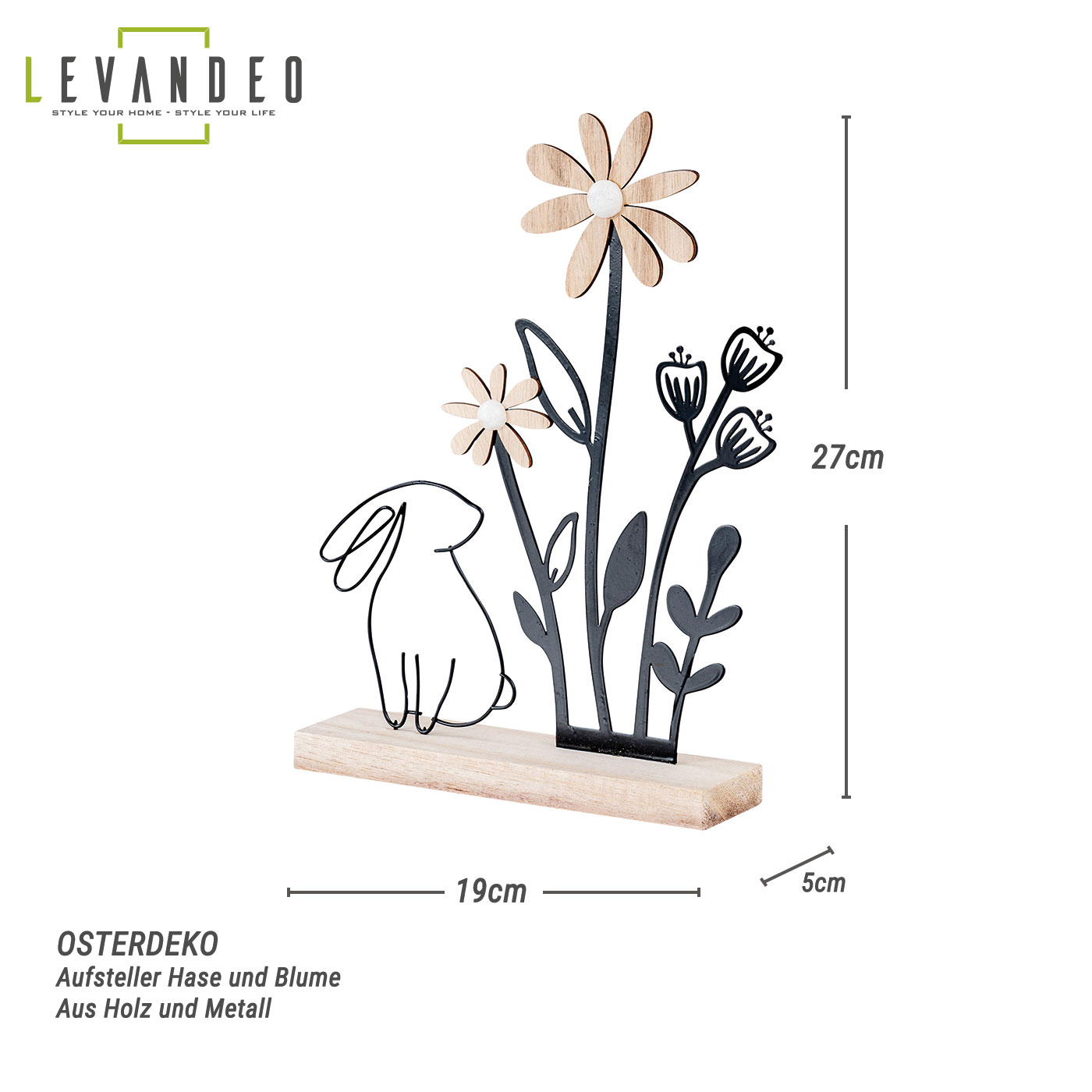 Deko Aufsteller Ostern L19cm Metall Holz Osterhase Blume Natur Schwarz Tischdeko