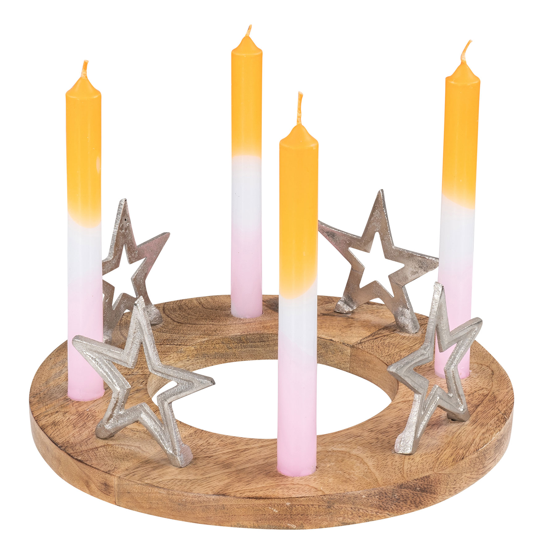 Adventskranz ø30cm Mango Holz Silber Natur Stabkerzen-Halter Sterne Weihnachten