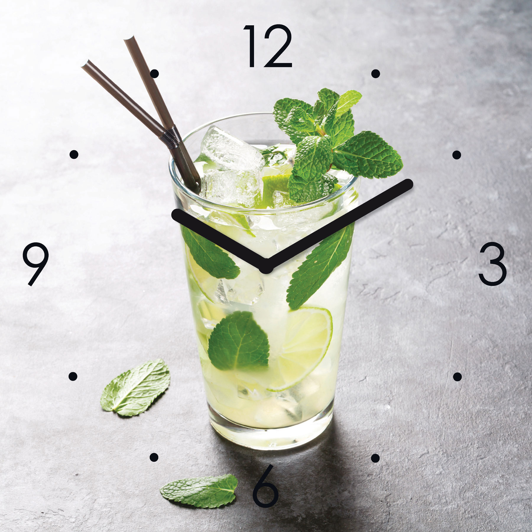 Wanduhr Glas 30x30cm Cocktail Limette Glasuhr Uhr Glasbild Küche Bar Deko
