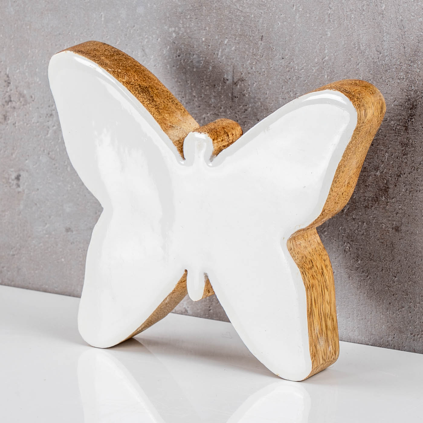 Schmetterling Holz 15x15cm Mango Weiß Natur Braun Tischdeko Deko Aufsteller