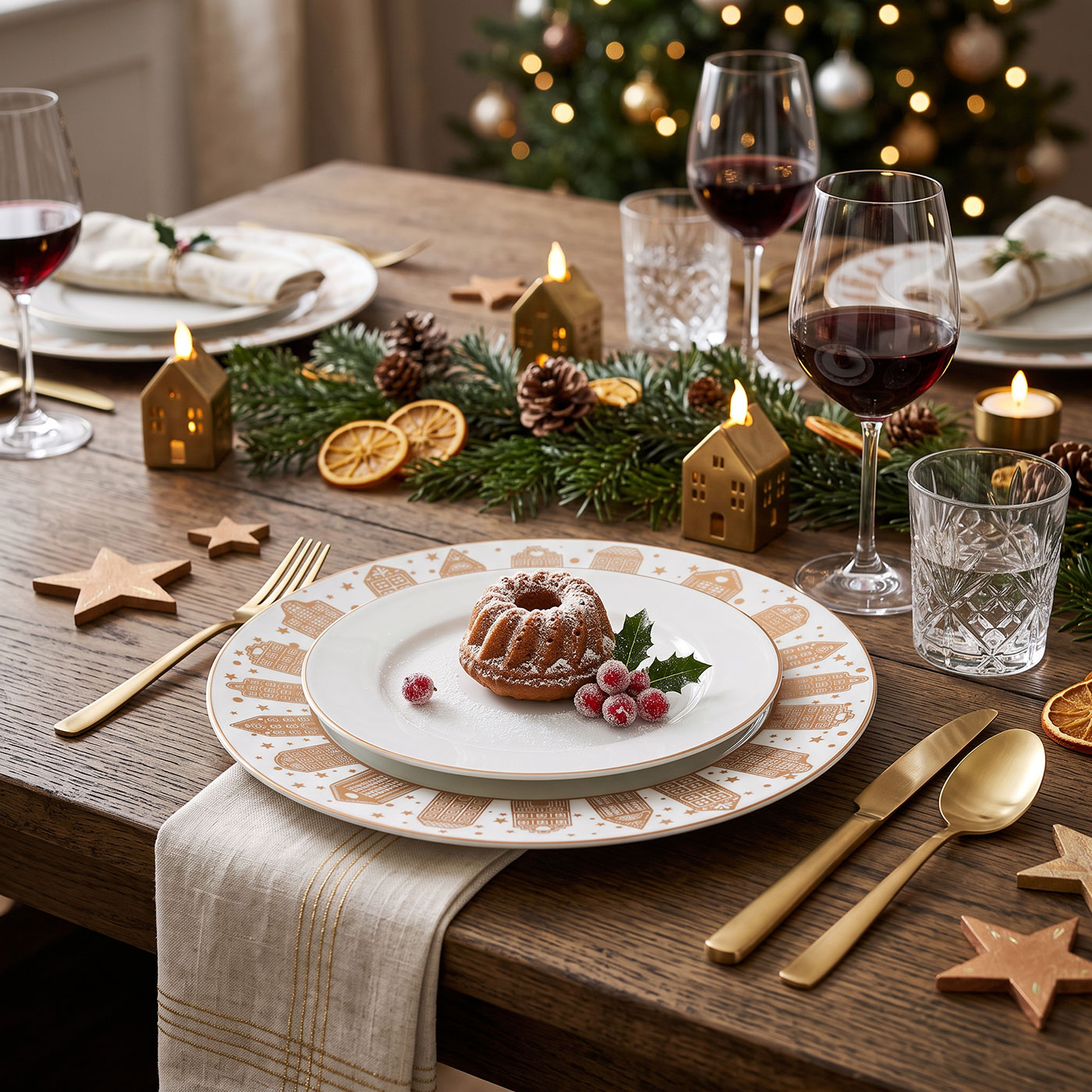 Platzteller Weihnachten 33cm Deko Teller Häusermotiv Beige Melamin Tischdeko