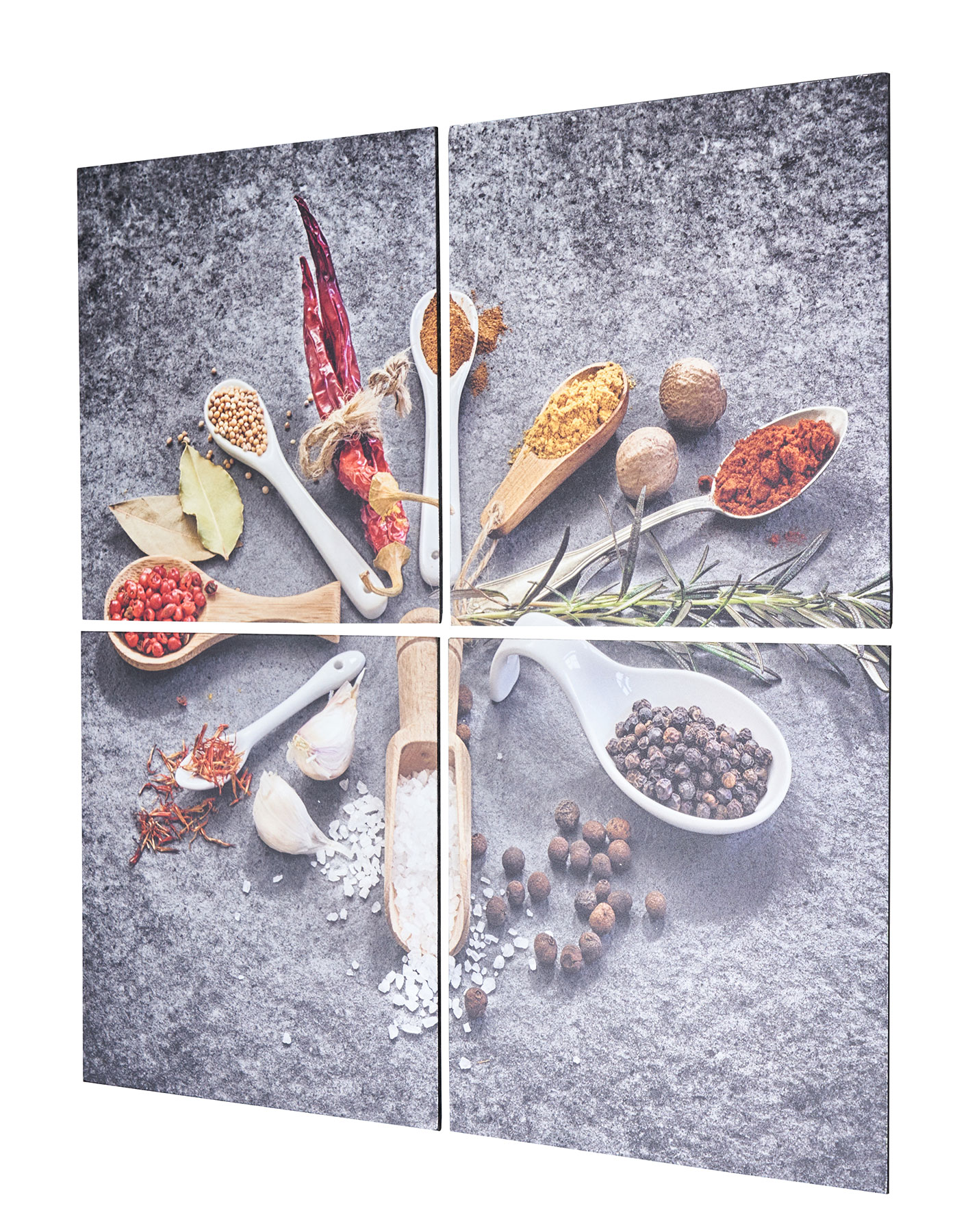 4er Set Wandbild 60x60cm Aluminium Dibond Gewürze Löffel Küche Deko Wanddeko