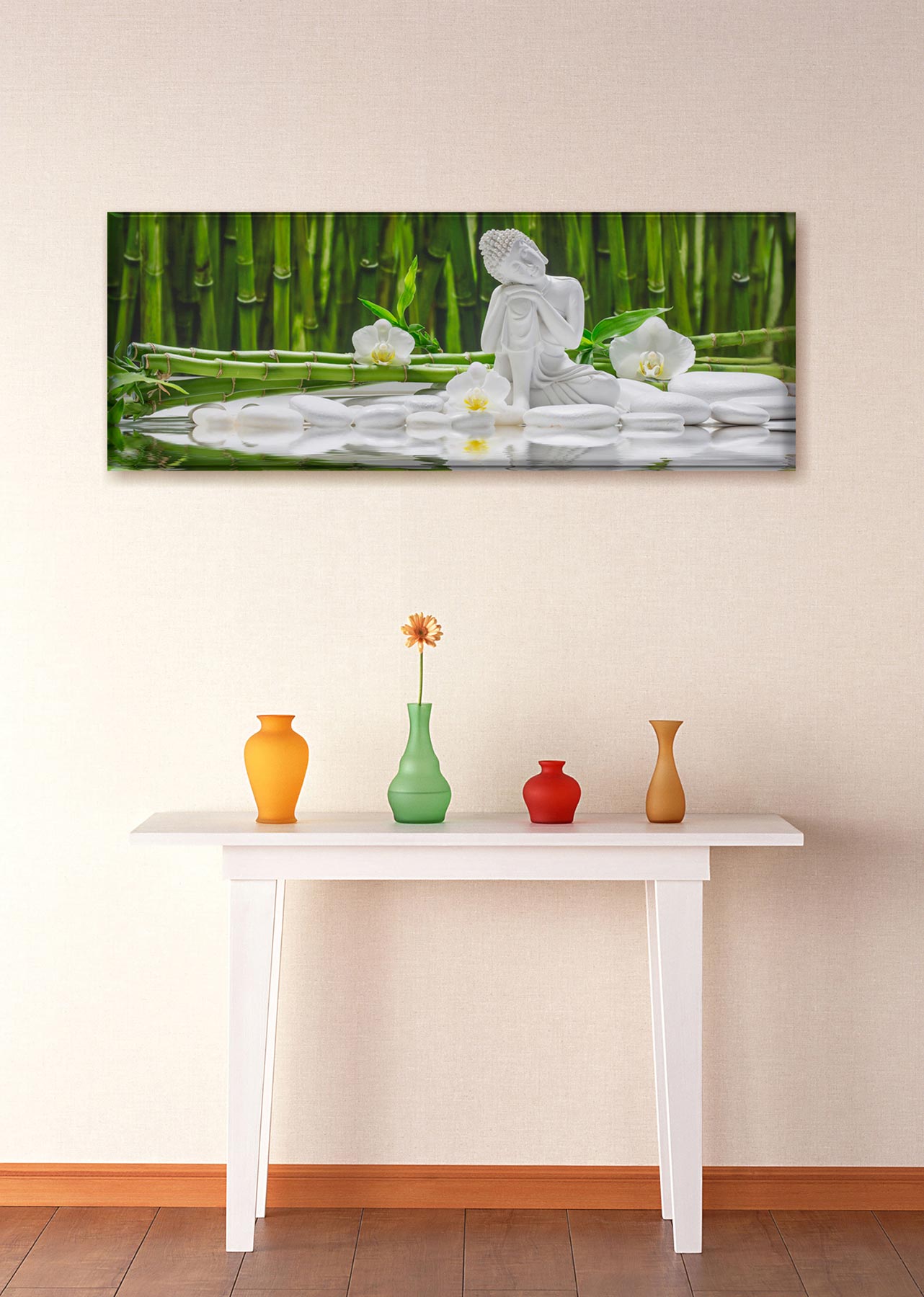 Glasbild 80x30cm Wandbild aus Glas Buddha Orchidee Wellness Bambus