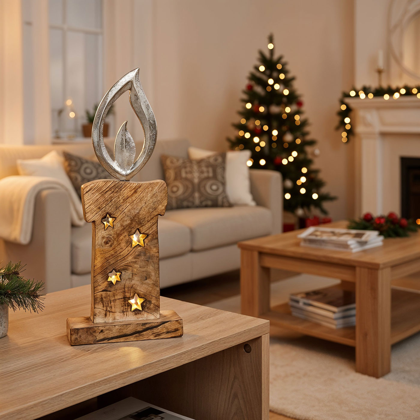 Weihnachtsdeko Kerze Mangoholz H37cm Deko Aufsteller Holz Metall Weihnachten