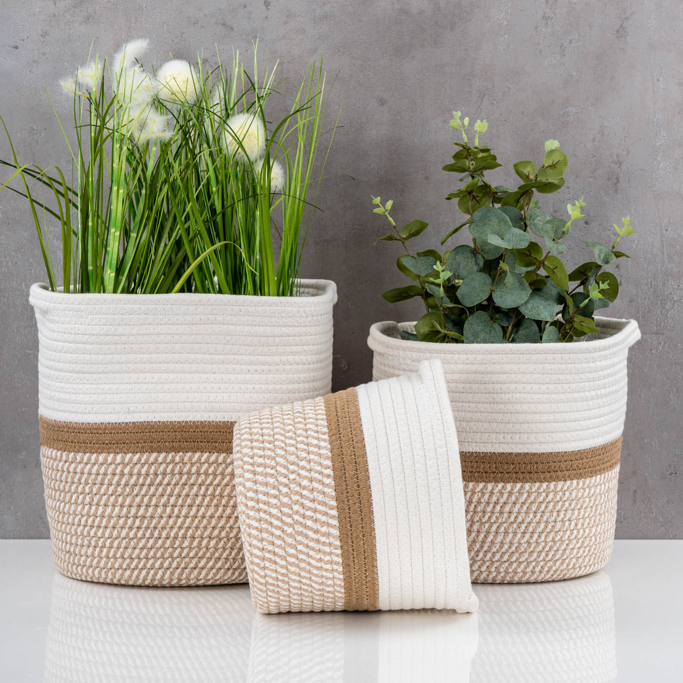 3er Set Aufbewahrungskorb Rund Natur Weiß Übertopf Geflochten Boho Baddeko Deko