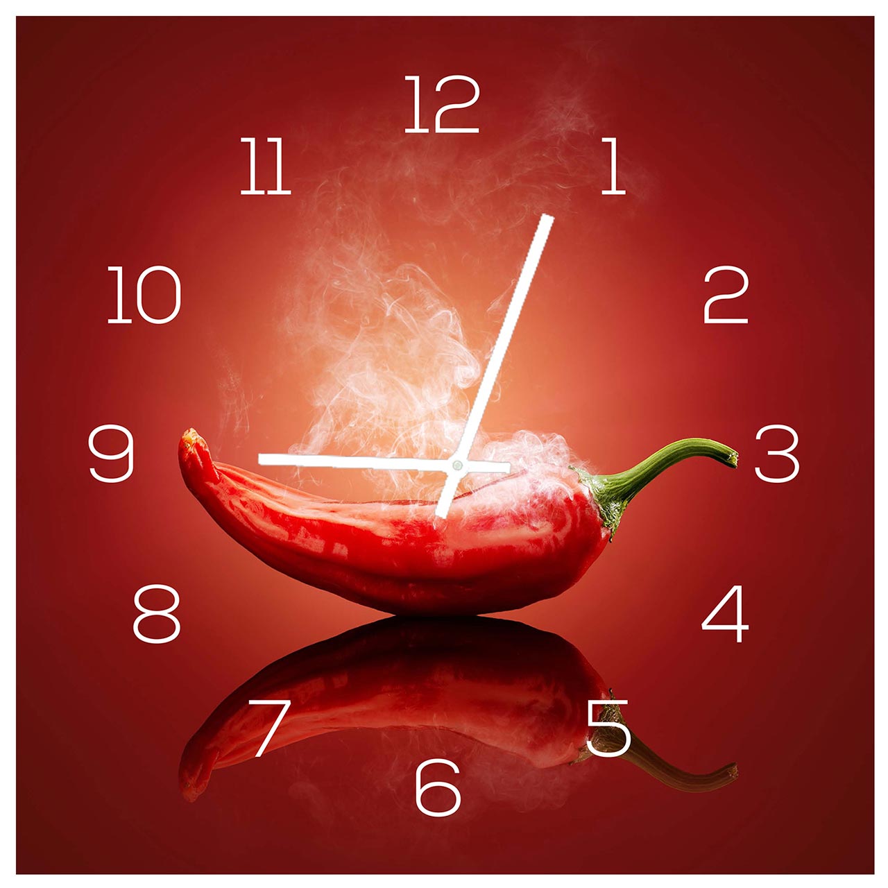 Wanduhr aus Glas 30x30cm Uhr als Glasbild Küche Chili Peperoni Deko