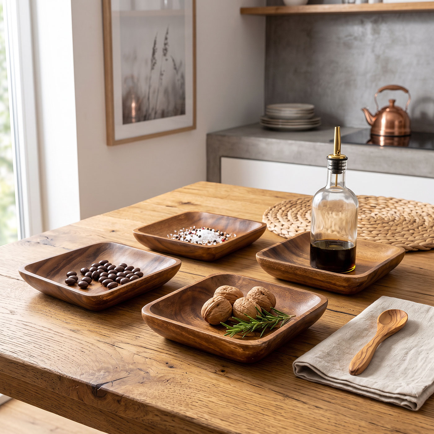 4er Set Teller Akazienholz 15x15cm Holzschale Dipschale Quadratische Snackschale