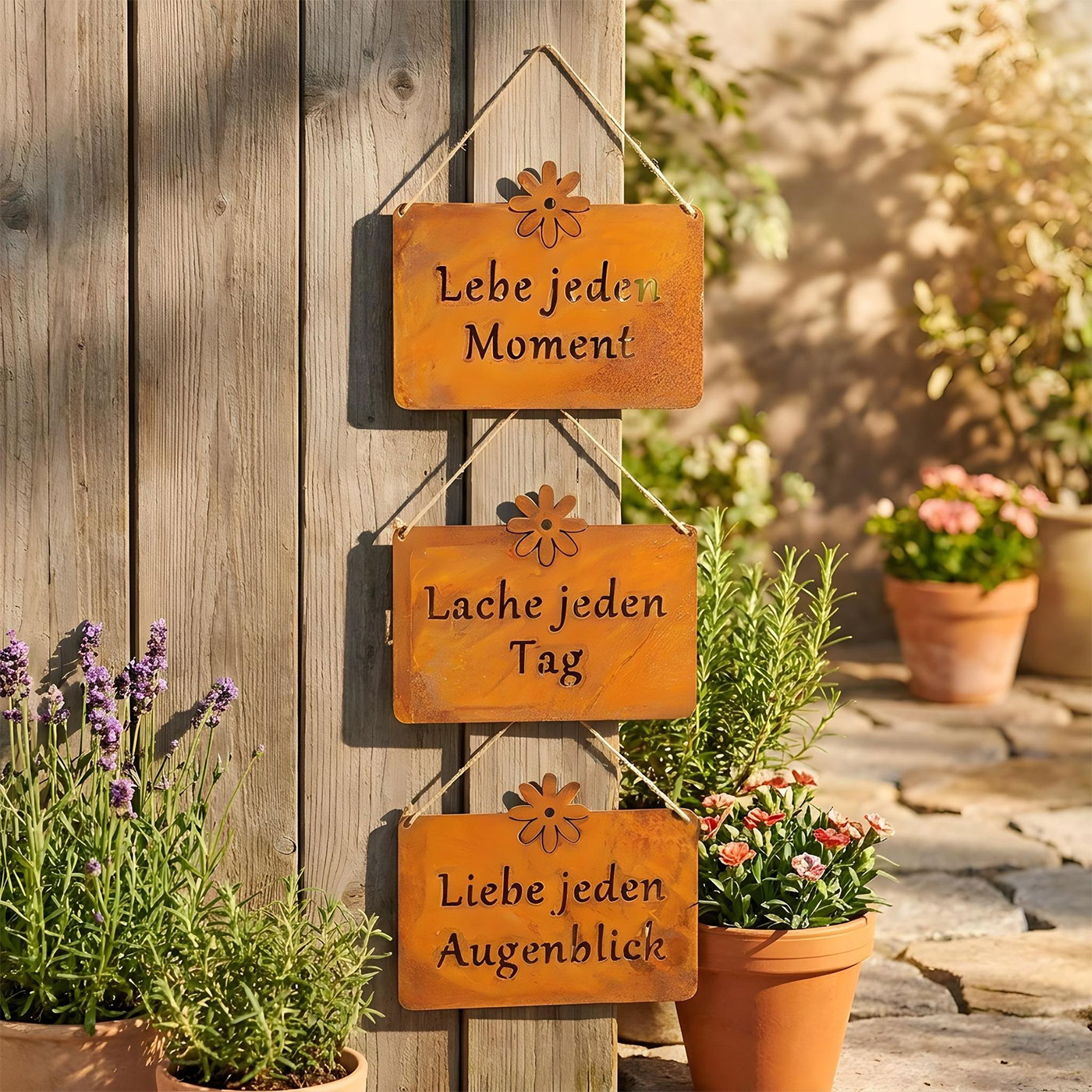 3er Set Wandbilder Sprüche 25x19cm Schilder Garten-Deko Türschild Edelrost Braun