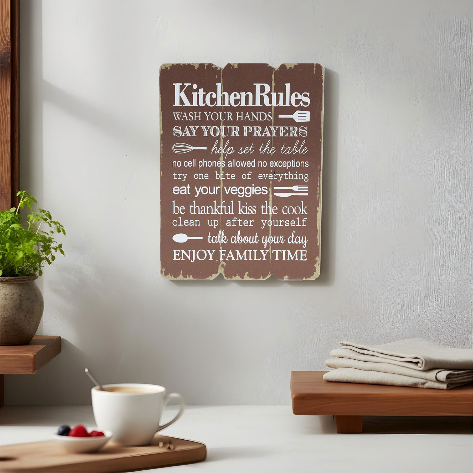 Wandbild Kitchen Rules 28x21cm Holz Braun Shabby Chic Vintage Küche Deko Schild