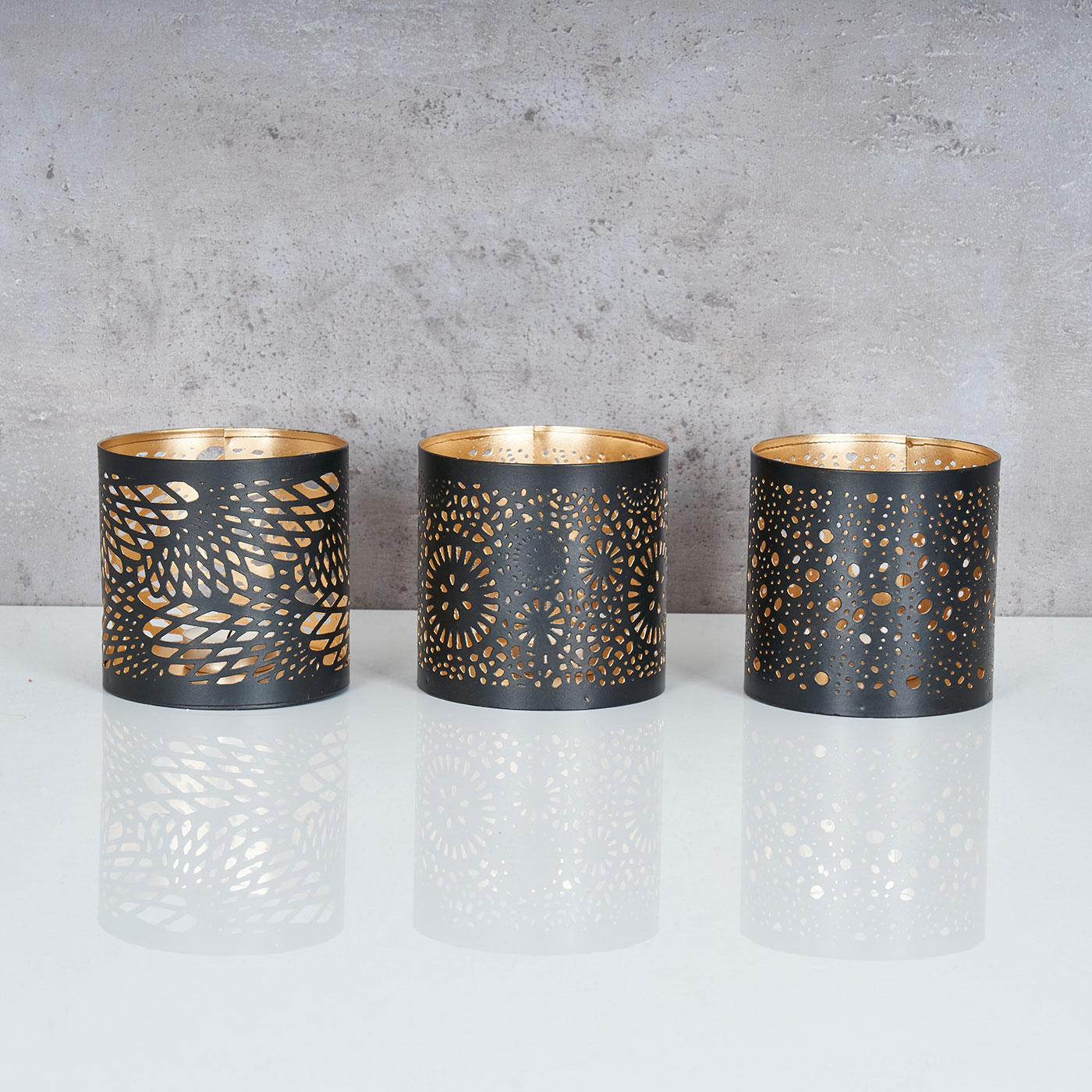 3er Set Windlicht 10x10cm Metall Schwarz Gold Teelichthalter Kerzen Deko