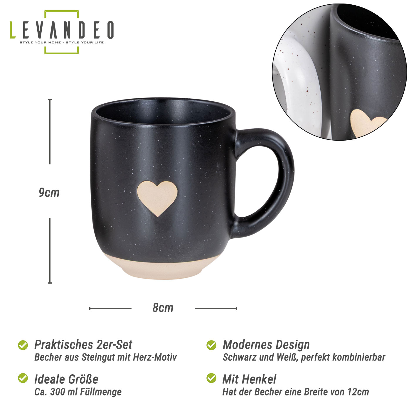 2er Set Steingut Tassen Schwarz Weiß 300ml Herz Kaffeebecher Kaffeetasse Paare