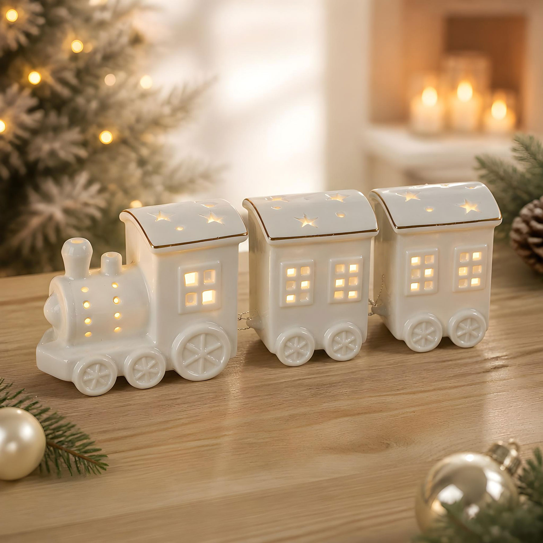 LED Weihnachtszug L25cm Porzellan Weiß Weihnachtsdeko Sterne Zug Lichtdeko