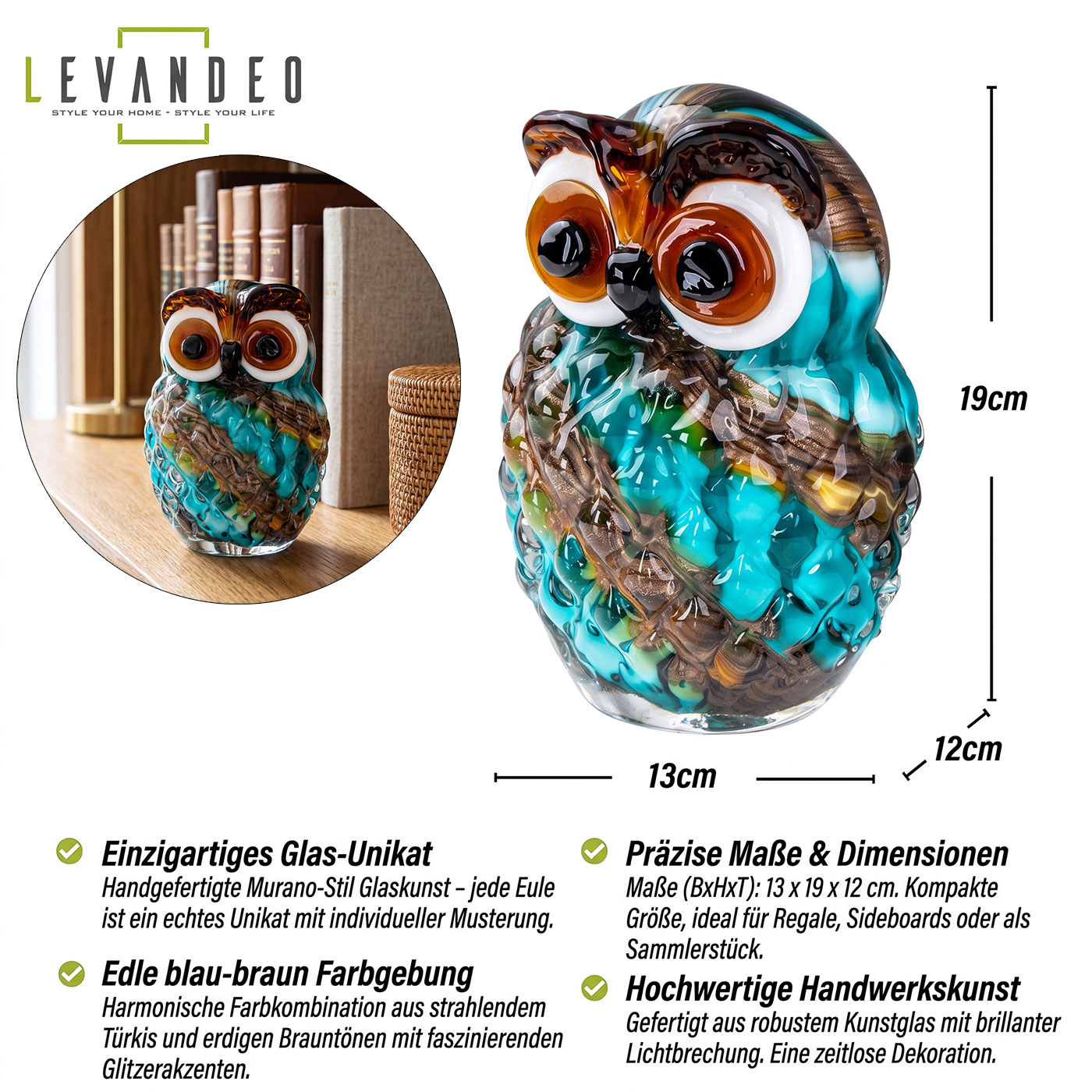Glas Eule 19cm Murano-Stil Deko Figur Bunt Türkis Braun Vogel Skulptur Unikat