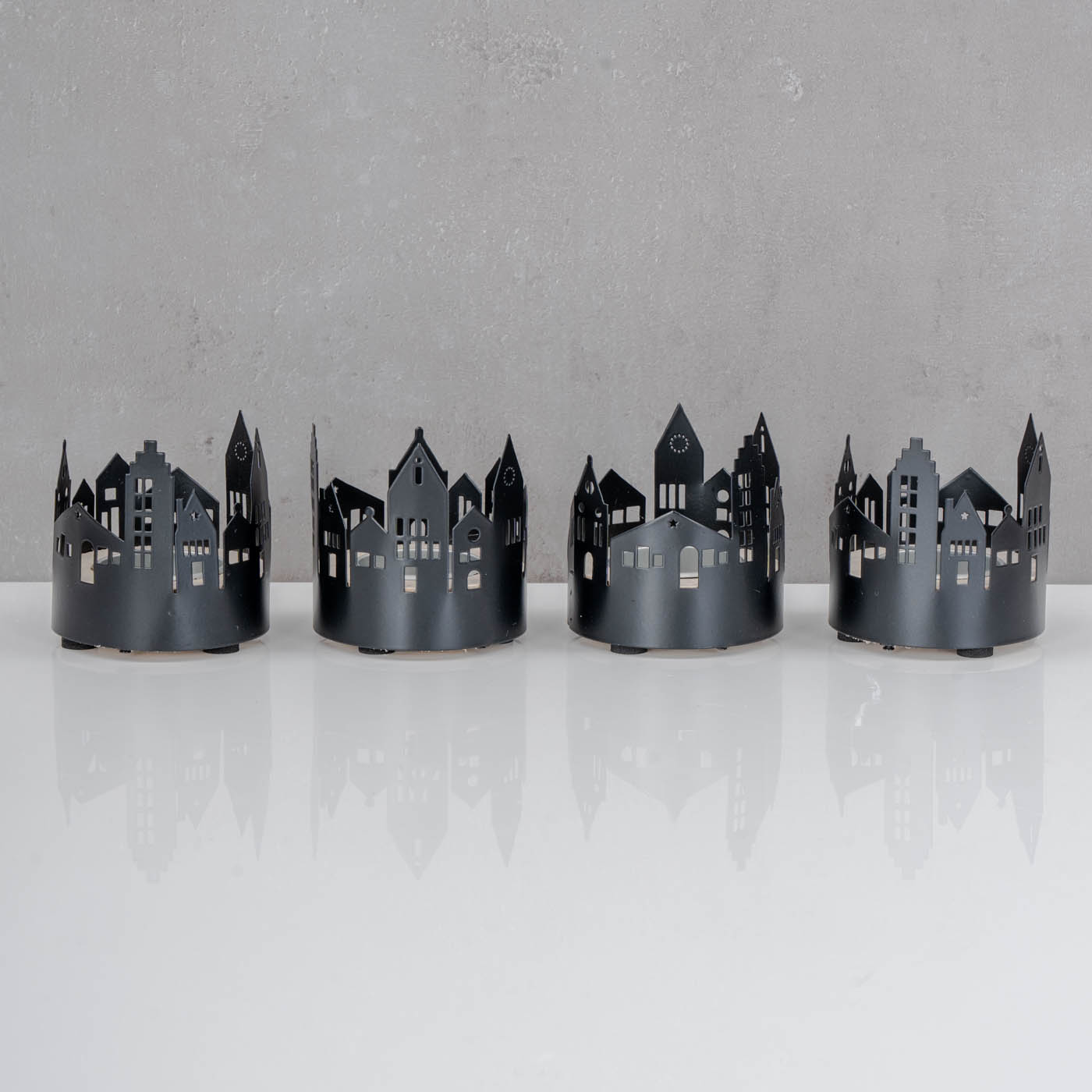 4er Set Teelichthalter Schwarz Metall Haus Windlicht Tischdeko Kerzenhalter Deko